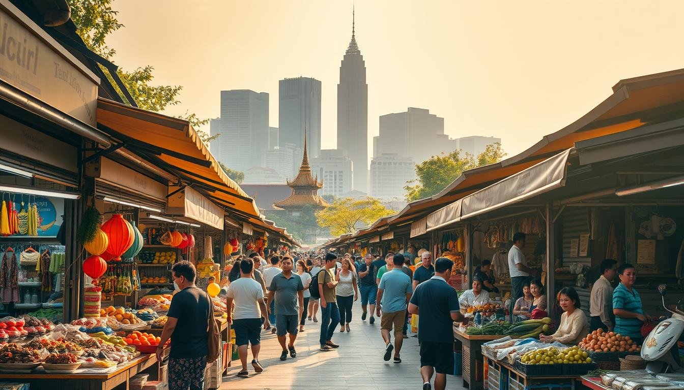 A bustling outdoor market in the heart of Bangkok, Thailand. Vibrant stalls lining winding pathways, offering an array of local delicacies, handicrafts, and fresh produce. Warm afternoon sunlight filters through the canopies, casting a golden glow on the bustling scene. In the foreground, vendors hawk their wares, engaging with eager customers. In the middle ground, shoppers browse the selection, haggling over prices. The background reveals the iconic skyline of Bangkok, skyscrapers rising above the market's lively atmosphere. An immersive experience capturing the essence of a quintessential Thai night market, brimming with the sights, sounds, and aromas of local culture. A bustling outdoor market in the heart of Bangkok, Thailand. Vibrant stalls lining winding pathways, offering an array of local delicacies, handicrafts, and fresh produce. Warm afternoon sunlight filters through the canopies, casting a golden glow on the bustling scene. In the foreground, vendors hawk their wares, engaging with eager customers. In the middle ground, shoppers browse the selection, haggling over prices. The background reveals the iconic skyline of Bangkok, skyscrapers rising above the market's lively atmosphere. An immersive experience capturing the essence of a quintessential Thai night market, brimming with the sights, sounds, and aromas of local culture.