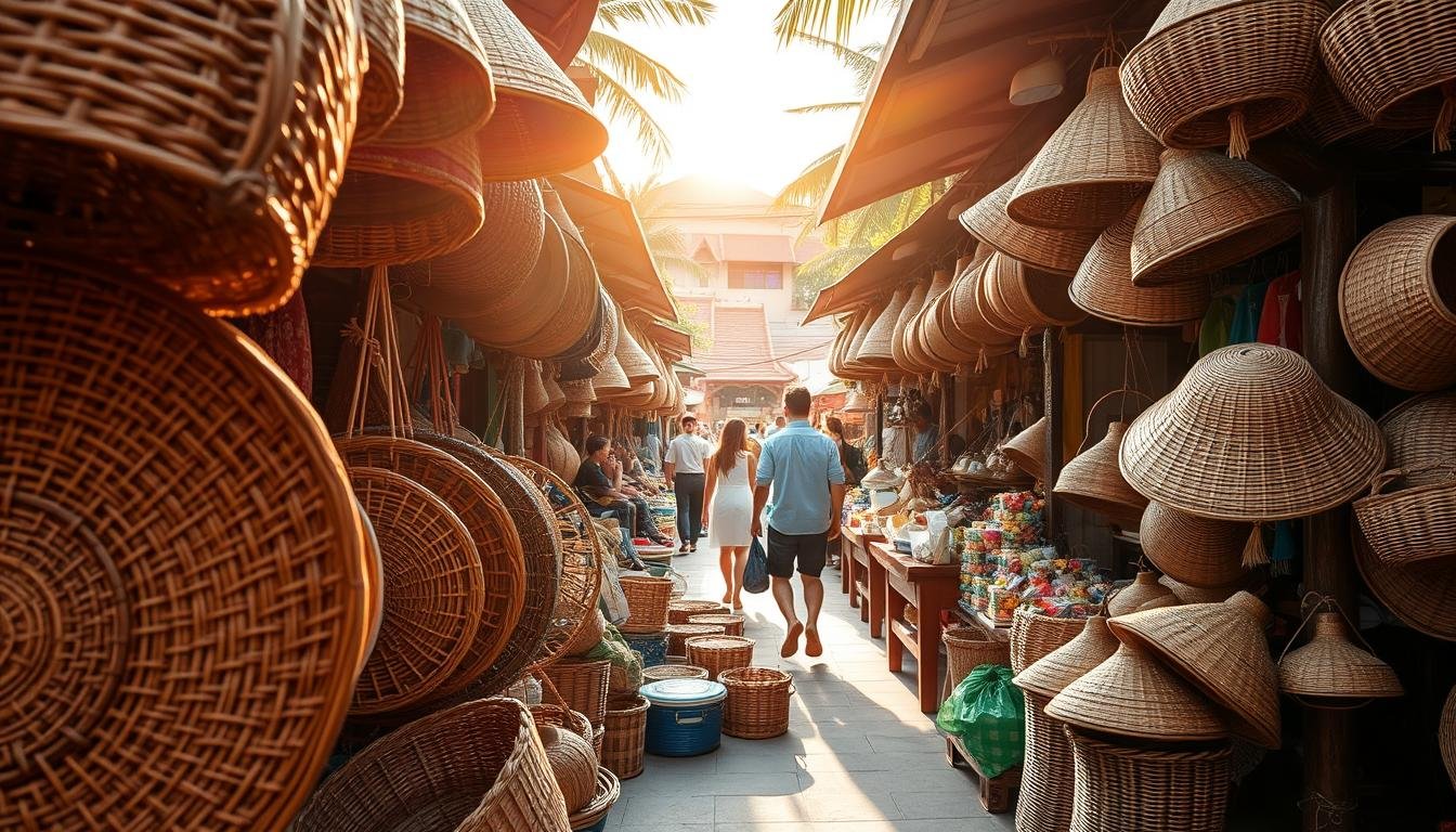 A bustling outdoor market in the heart of Chiang Mai, showcasing a vibrant array of handcrafted woven baskets, hats, and other artisanal goods. The foreground features intricate woven patterns in earthy tones, highlighting the skilled craftsmanship of local artisans. In the middle ground, shoppers browse the stalls, marveling at the unique textures and designs. The background is framed by the warm, golden light of the tropical sun, casting a serene, inviting ambiance over the scene. The image captures the essence of Chiang Mai's rich cultural heritage and the vibrant local artistry that thrives in this historic city. A bustling outdoor market in the heart of Chiang Mai, showcasing a vibrant array of handcrafted woven baskets, hats, and other artisanal goods. The foreground features intricate woven patterns in earthy tones, highlighting the skilled craftsmanship of local artisans. In the middle ground, shoppers browse the stalls, marveling at the unique textures and designs. The background is framed by the warm, golden light of the tropical sun, casting a serene, inviting ambiance over the scene. The image captures the essence of Chiang Mai's rich cultural heritage and the vibrant local artistry that thrives in this historic city.