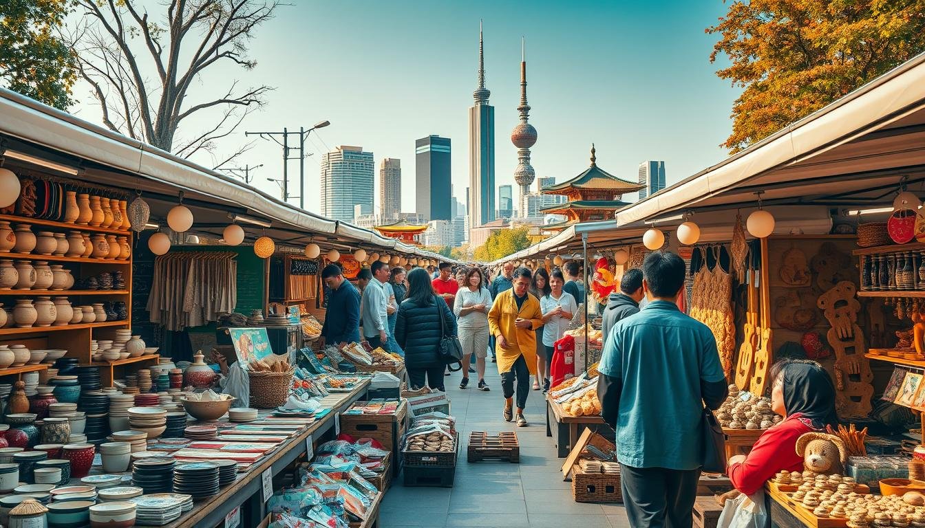 A bustling outdoor market scene, with vibrant stalls showcasing an array of handmade crafts and artisanal goods. In the foreground, artisans carefully display their wares - intricate ceramics, delicate textiles, and unique woodcarvings. The middle ground is filled with shoppers leisurely browsing the colorful displays, creating a lively atmosphere. In the background, the distinctive architectural styles of Tokyo and Taipei skylines are visible, highlighting the cultural contrast between the two cities. Warm, natural lighting illuminates the scene, casting a golden glow and enhancing the handmade quality of the products. The overall mood is one of creative energy, cultural exchange, and a celebration of local craftsmanship.