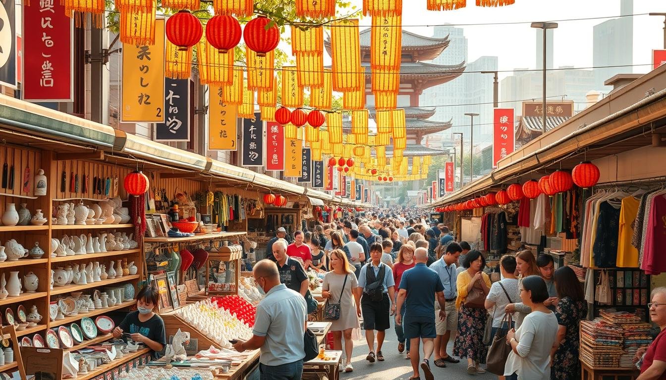 A bustling outdoor marketplace in Tokyo, filled with vibrant stalls showcasing an array of handcrafted goods. The foreground is dotted with artisans meticulously displaying their wares - intricate origami sculptures, delicate ceramics, and handwoven textiles. The middle ground is a sea of eager shoppers, weaving between the stalls, searching for hidden treasures. The background features a harmonious blend of traditional Japanese architecture and modern city skylines, bathed in warm, golden sunlight that filters through the canopy of colorful banners and lanterns overhead. The atmosphere is lively, energetic, and brimming with the spirit of creativity and discovery.