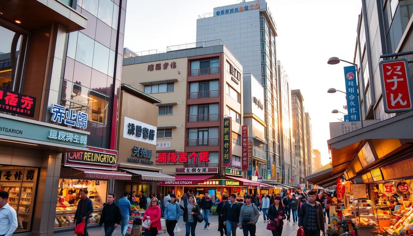 A bustling outdoor shopping district in Busan, South Korea, with a vibrant mix of high-end department stores, lively underground markets, and unique specialty shops. Pedestrians stroll past colorful storefronts and street vendors selling local crafts and delicacies under a warm, golden-hour glow. The scene captures the energy and variety of Busan's renowned shopping experiences, from upscale designer labels to hidden gems offering authentic Korean products. Detailed architectural details, dynamic crowds, and a sense of dynamic movement create a comprehensive view of this essential Busan shopping destination. A bustling outdoor shopping district in Busan, South Korea, with a vibrant mix of high-end department stores, lively underground markets, and unique specialty shops. Pedestrians stroll past colorful storefronts and street vendors selling local crafts and delicacies under a warm, golden-hour glow. The scene captures the energy and variety of Busan's renowned shopping experiences, from upscale designer labels to hidden gems offering authentic Korean products. Detailed architectural details, dynamic crowds, and a sense of dynamic movement create a comprehensive view of this essential Busan shopping destination.