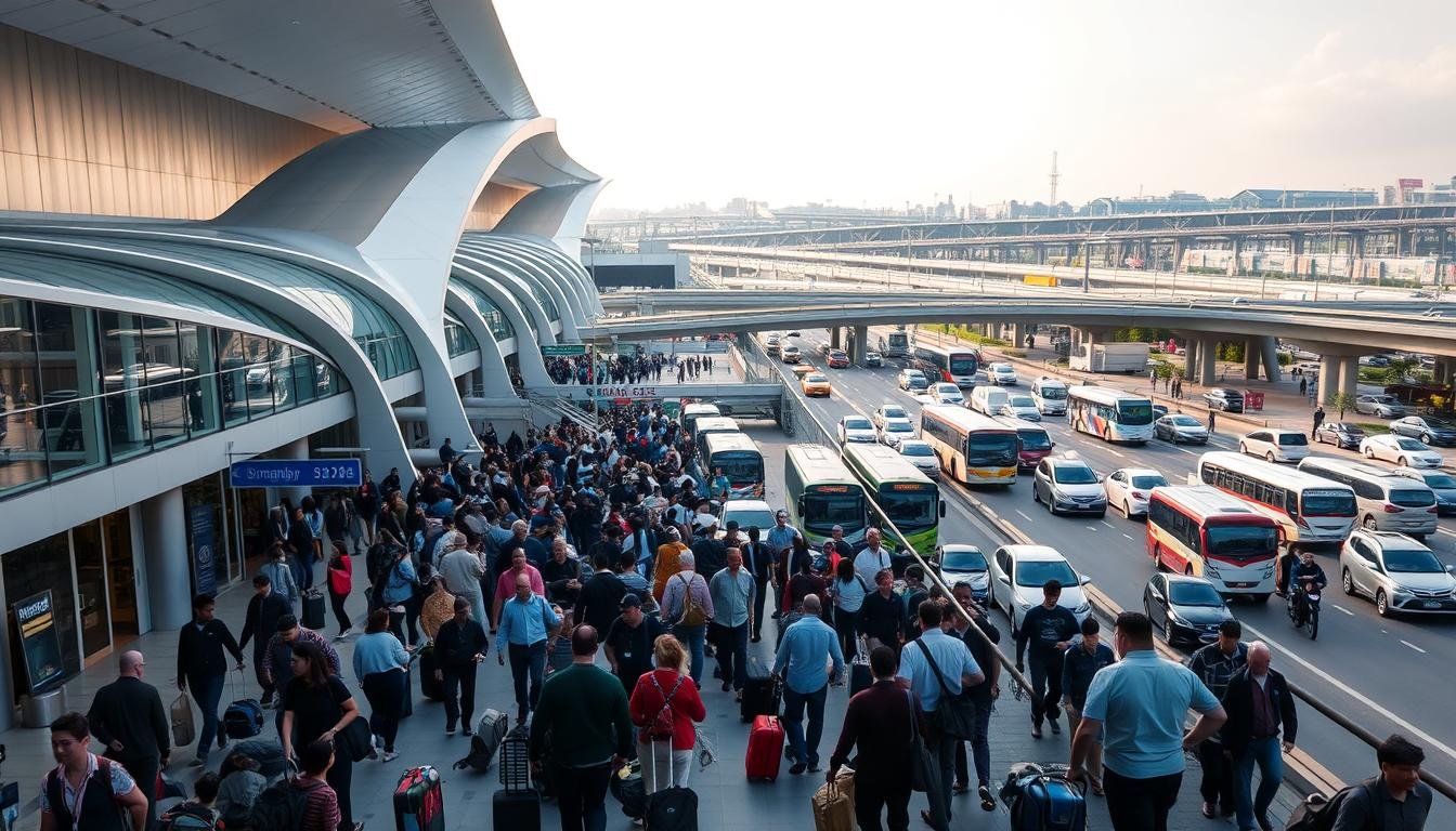 A bustling scene at the Suvarnabhumi Airport in Bangkok, Thailand. In the foreground, a throng of travelers navigate the terminal, rolling suitcases and carrying luggage. The middle ground features sleek, modern architecture with sweeping glass facades, casting a warm, natural light. In the background, a network of roads and flyovers bustle with a steady stream of taxis, buses, and private vehicles, all transporting passengers to and from the airport. The atmosphere is one of efficiency and organization, with a touch of the vibrant energy that characterizes Thailand's largest international gateway. The composition captures the essence of the airport's transportation system, showcasing its integration with the broader infrastructure of the city. A bustling scene at the Suvarnabhumi Airport in Bangkok, Thailand. In the foreground, a throng of travelers navigate the terminal, rolling suitcases and carrying luggage. The middle ground features sleek, modern architecture with sweeping glass facades, casting a warm, natural light. In the background, a network of roads and flyovers bustle with a steady stream of taxis, buses, and private vehicles, all transporting passengers to and from the airport. The atmosphere is one of efficiency and organization, with a touch of the vibrant energy that characterizes Thailand's largest international gateway. The composition captures the essence of the airport's transportation system, showcasing its integration with the broader infrastructure of the city.