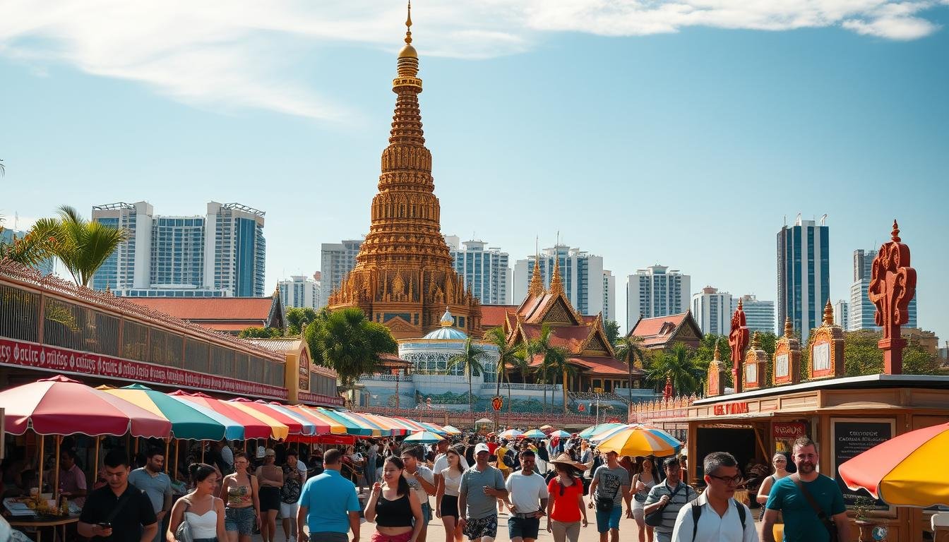 A bustling scene of Bangkok's Pattaya, showcasing its vibrant theme-based attractions. In the foreground, visitors explore a lively beachfront promenade lined with colorful umbrellas, street vendors, and lively bars. The middle ground features a towering, intricately designed temple, its golden spires and ornate details glimmering in the warm sunlight. In the background, the skyline is dotted with modern high-rises and hotels, creating a harmonious blend of old and new. The atmosphere is one of energy and exploration, inviting travelers to immerse themselves in the unique blend of Thai culture, entertainment, and natural beauty that Pattaya has to offer. A bustling scene of Bangkok's Pattaya, showcasing its vibrant theme-based attractions. In the foreground, visitors explore a lively beachfront promenade lined with colorful umbrellas, street vendors, and lively bars. The middle ground features a towering, intricately designed temple, its golden spires and ornate details glimmering in the warm sunlight. In the background, the skyline is dotted with modern high-rises and hotels, creating a harmonious blend of old and new. The atmosphere is one of energy and exploration, inviting travelers to immerse themselves in the unique blend of Thai culture, entertainment, and natural beauty that Pattaya has to offer.
