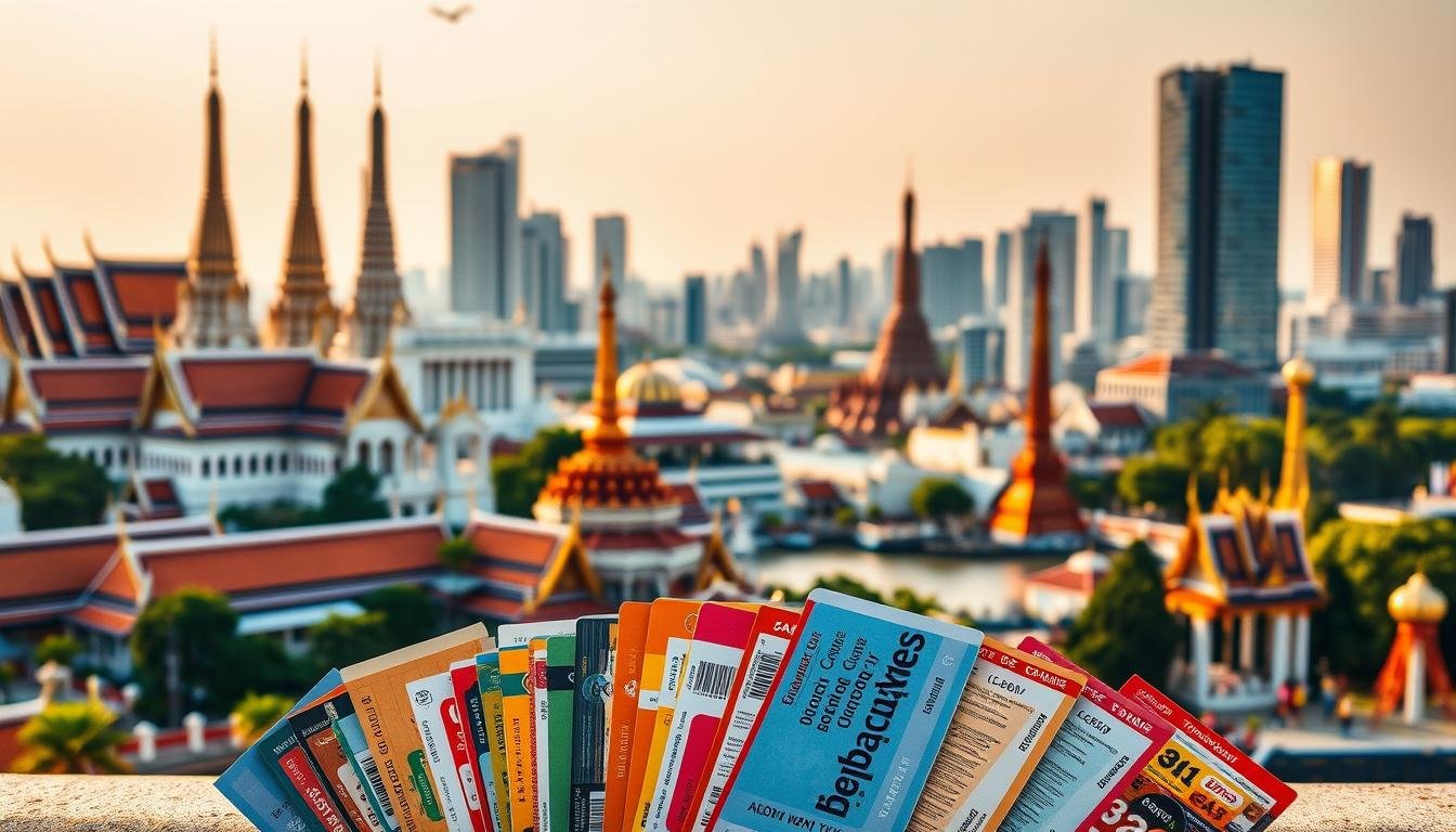 A bustling scene of Bangkok's iconic landmarks and attractions, captured in a vibrant, warm-toned photograph. In the foreground, an array of colorful entrance tickets and passes are arranged neatly, reflecting the diverse range of experiences the city has to offer. The middle ground features a mix of famous structures, such as the Grand Palace, Wat Arun, and the Chao Phraya River, bathed in soft, golden light. The background showcases the city's skyline, with towering skyscrapers and lush greenery creating a picturesque backdrop. The overall composition conveys the anticipation and excitement of planning a comprehensive Bangkok experience, with the ticketing array highlighting the breadth of activities and sights within a reasonable budget.