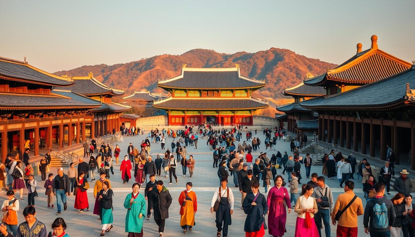 A bustling scene of Gyeongbokgung Palace, the jewel of Seoul's architectural heritage. In the foreground, visitors adorned in vibrant hanbok garments explore the palace grounds, their traditional attire complementing the ornate design of the buildings. The middle ground features a network of walkways and thoroughfares, as tourists navigate the site with purpose. In the background, the majestic palace structures rise, their intricate roofs and facades bathed in warm, golden light, creating an atmosphere of timeless elegance. A wide-angle lens captures the grandeur of the location, showcasing its impressive scale and the harmony between the historic architecture and the modern crowds. The overall mood is one of cultural immersion and discovery, inviting the viewer to envision themselves as part of this captivating Korean heritage experience.