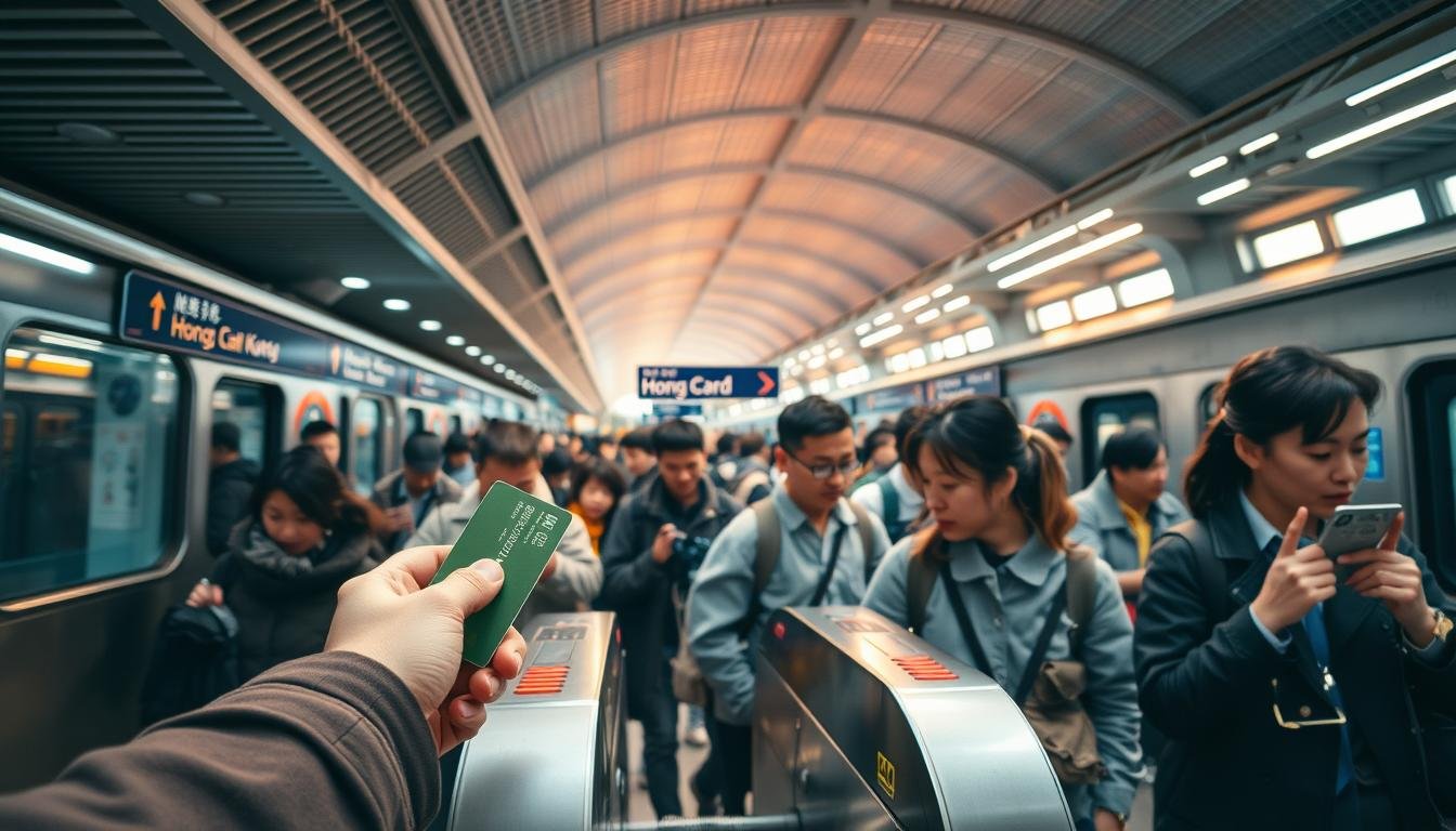 A bustling scene of Hong Kong's public transportation system. In the foreground, a person tapping their Octopus card on a turnstile, their movements fluid and efficient. The middle ground features commuters navigating the MTR station, their faces a mix of purpose and slight fatigue. The background showcases the iconic architecture of the station, with its soaring ceilings and clean, modern lines bathed in warm, natural light filtering through the glass. The overall atmosphere is one of urban dynamism, where the Octopus card seamlessly facilitates the daily flow of a vibrant, international city. A bustling scene of Hong Kong's public transportation system. In the foreground, a person tapping their Octopus card on a turnstile, their movements fluid and efficient. The middle ground features commuters navigating the MTR station, their faces a mix of purpose and slight fatigue. The background showcases the iconic architecture of the station, with its soaring ceilings and clean, modern lines bathed in warm, natural light filtering through the glass. The overall atmosphere is one of urban dynamism, where the Octopus card seamlessly facilitates the daily flow of a vibrant, international city.