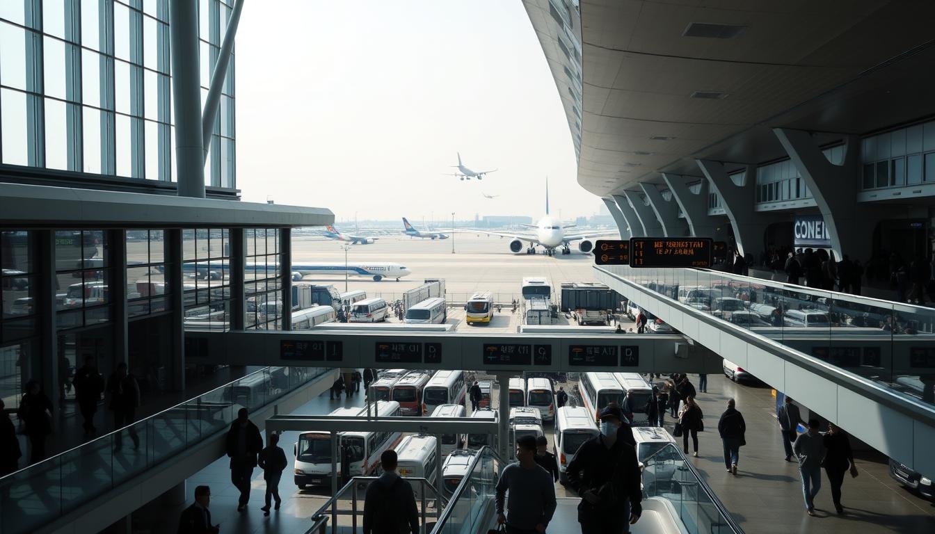 A bustling scene of Seoul's main airport, captured with a wide-angle lens. The foreground showcases the terminal building, its modern architecture featuring clean lines and large windows that flood the space with natural light. Passengers navigate the walkways, their silhouettes creating a sense of movement and activity. In the middle ground, a well-organized transportation hub, with signs and indicators guiding travelers to various modes of transit - buses, trains, and taxis. The background reveals the expansive tarmac, dotted with aircraft taking off and landing, creating a sense of connectivity and global reach. The overall mood is one of efficiency and ease, reflecting the airport's role as a gateway to the vibrant city of Seoul. A bustling scene of Seoul's main airport, captured with a wide-angle lens. The foreground showcases the terminal building, its modern architecture featuring clean lines and large windows that flood the space with natural light. Passengers navigate the walkways, their silhouettes creating a sense of movement and activity. In the middle ground, a well-organized transportation hub, with signs and indicators guiding travelers to various modes of transit - buses, trains, and taxis. The background reveals the expansive tarmac, dotted with aircraft taking off and landing, creating a sense of connectivity and global reach. The overall mood is one of efficiency and ease, reflecting the airport's role as a gateway to the vibrant city of Seoul.