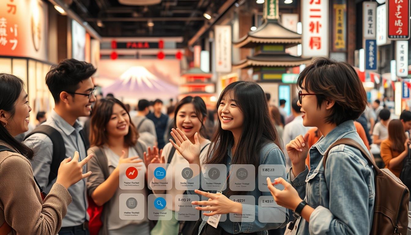 A bustling scene of a Japanese travel forum, with a warm, inviting atmosphere. In the foreground, a group of young travelers excitedly sharing their experiences, gesturing animatedly as they exchange stories and recommendations. The middle ground features a sleek, modern interface with vibrant icons and clean, minimalist design, representing the online community. In the background, a blend of iconic Japanese landmarks, such as the Fuji Mountain, traditional architecture, and bustling city streets, creating a sense of immersion in the Japanese travel experience. The lighting is soft and natural, casting a cozy glow over the scene, and the camera angle is slightly elevated, providing an overview of the dynamic interaction and the digital landscape. The overall atmosphere conveys a sense of camaraderie, enthusiasm, and the joy of exploring the wonders of Japan. A bustling scene of a Japanese travel forum, with a warm, inviting atmosphere. In the foreground, a group of young travelers excitedly sharing their experiences, gesturing animatedly as they exchange stories and recommendations. The middle ground features a sleek, modern interface with vibrant icons and clean, minimalist design, representing the online community. In the background, a blend of iconic Japanese landmarks, such as the Fuji Mountain, traditional architecture, and bustling city streets, creating a sense of immersion in the Japanese travel experience. The lighting is soft and natural, casting a cozy glow over the scene, and the camera angle is slightly elevated, providing an overview of the dynamic interaction and the digital landscape. The overall atmosphere conveys a sense of camaraderie, enthusiasm, and the joy of exploring the wonders of Japan.