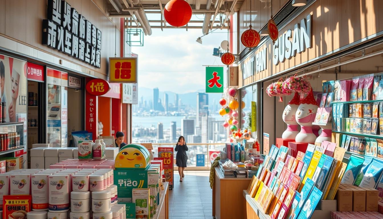 A bustling shopping district in Busan, South Korea, captured in a high-resolution photograph. The foreground showcases an array of cosmetic products, including various Korean face masks, neatly displayed on shelves and countertops. The middle ground features vibrant storefronts, their signage and decorations reflecting the unique local culture. In the background, a panoramic view of the city skyline, with towering buildings and a glimpse of the nearby ocean. The lighting is soft and natural, creating a warm, inviting atmosphere that encourages exploration and discovery. The composition highlights the diverse shopping experiences and consumer reviews that define this vibrant retail landscape. A bustling shopping district in Busan, South Korea, captured in a high-resolution photograph. The foreground showcases an array of cosmetic products, including various Korean face masks, neatly displayed on shelves and countertops. The middle ground features vibrant storefronts, their signage and decorations reflecting the unique local culture. In the background, a panoramic view of the city skyline, with towering buildings and a glimpse of the nearby ocean. The lighting is soft and natural, creating a warm, inviting atmosphere that encourages exploration and discovery. The composition highlights the diverse shopping experiences and consumer reviews that define this vibrant retail landscape.