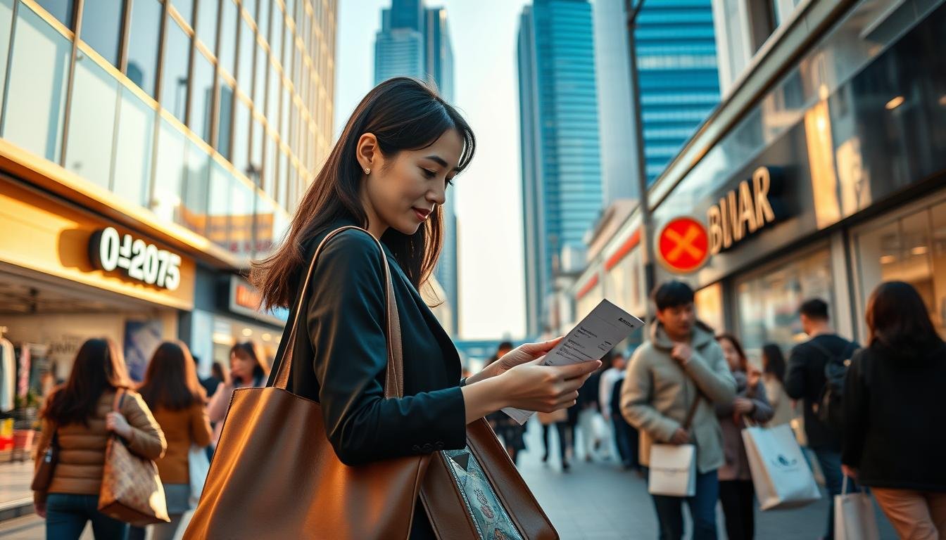 A bustling shopping district in Busan, South Korea, where a smartly dressed woman navigates the intricacies of payment and tax refunds. The scene is bathed in warm, golden light, reflecting the city's vibrant energy. Sleek, modern buildings rise in the background, contrasting with the traditional storefronts lining the streets. The woman, carrying a stylish tote bag, examines a receipt, her expression focused as she considers her options for maximizing her shopping experience. Around her, people move with purpose, reflecting the savvy, efficient nature of the city's shopping culture.