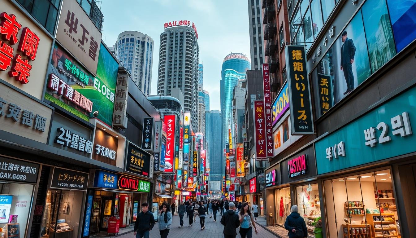 A bustling shopping district in Busan, South Korea, with a vibrant blend of local and global brands. The foreground showcases the diverse storefronts, each with its distinct architectural style and signage, reflecting the unique character of the area. The middle ground features pedestrians strolling along the lively streets, immersed in the energetic atmosphere. In the background, towering buildings and neon-lit signs create a dynamic urban landscape, infusing the scene with a modern, metropolitan vibe. The lighting is a mix of warm, natural daylight and the cool, artificial glow of the city. The overall composition captures the essence of Busan's renowned shopping districts, where international and Korean brands coexist in a harmonious, visually captivating display. A bustling shopping district in Busan, South Korea, with a vibrant blend of local and global brands. The foreground showcases the diverse storefronts, each with its distinct architectural style and signage, reflecting the unique character of the area. The middle ground features pedestrians strolling along the lively streets, immersed in the energetic atmosphere. In the background, towering buildings and neon-lit signs create a dynamic urban landscape, infusing the scene with a modern, metropolitan vibe. The lighting is a mix of warm, natural daylight and the cool, artificial glow of the city. The overall composition captures the essence of Busan's renowned shopping districts, where international and Korean brands coexist in a harmonious, visually captivating display.