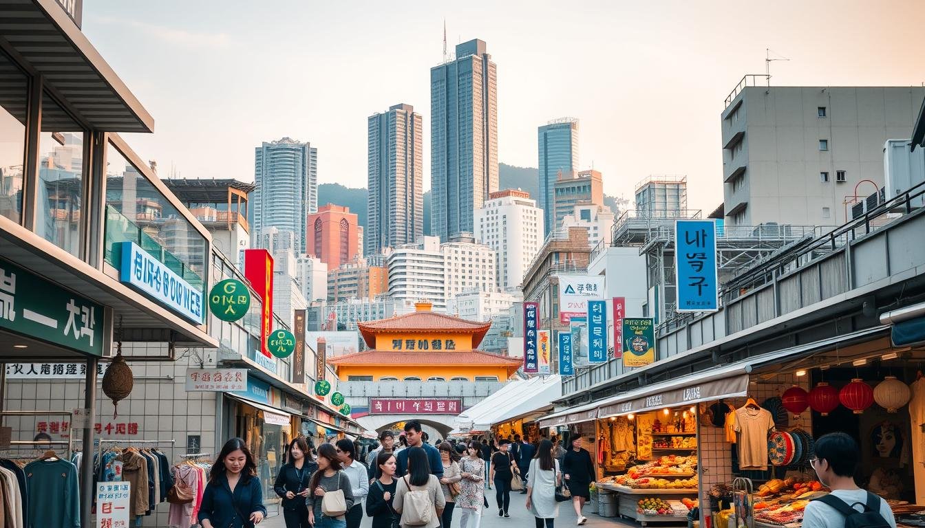 A bustling shopping district in Busan, South Korea, with a vibrant mix of modern and traditional elements. The foreground features an array of fashion boutiques, street vendors, and stylish locals browsing the latest trends. In the middle ground, a lively marketplace showcases an eclectic assortment of handcrafted goods, local delicacies, and trendy lifestyle products. The background is dominated by the city's iconic architecture, including towering skyscrapers and historic buildings, bathed in a warm, golden-hour glow. The scene conveys a sense of energy, diversity, and the intersection of traditional culture and contemporary style that defines Busan's thriving shopping landscape.