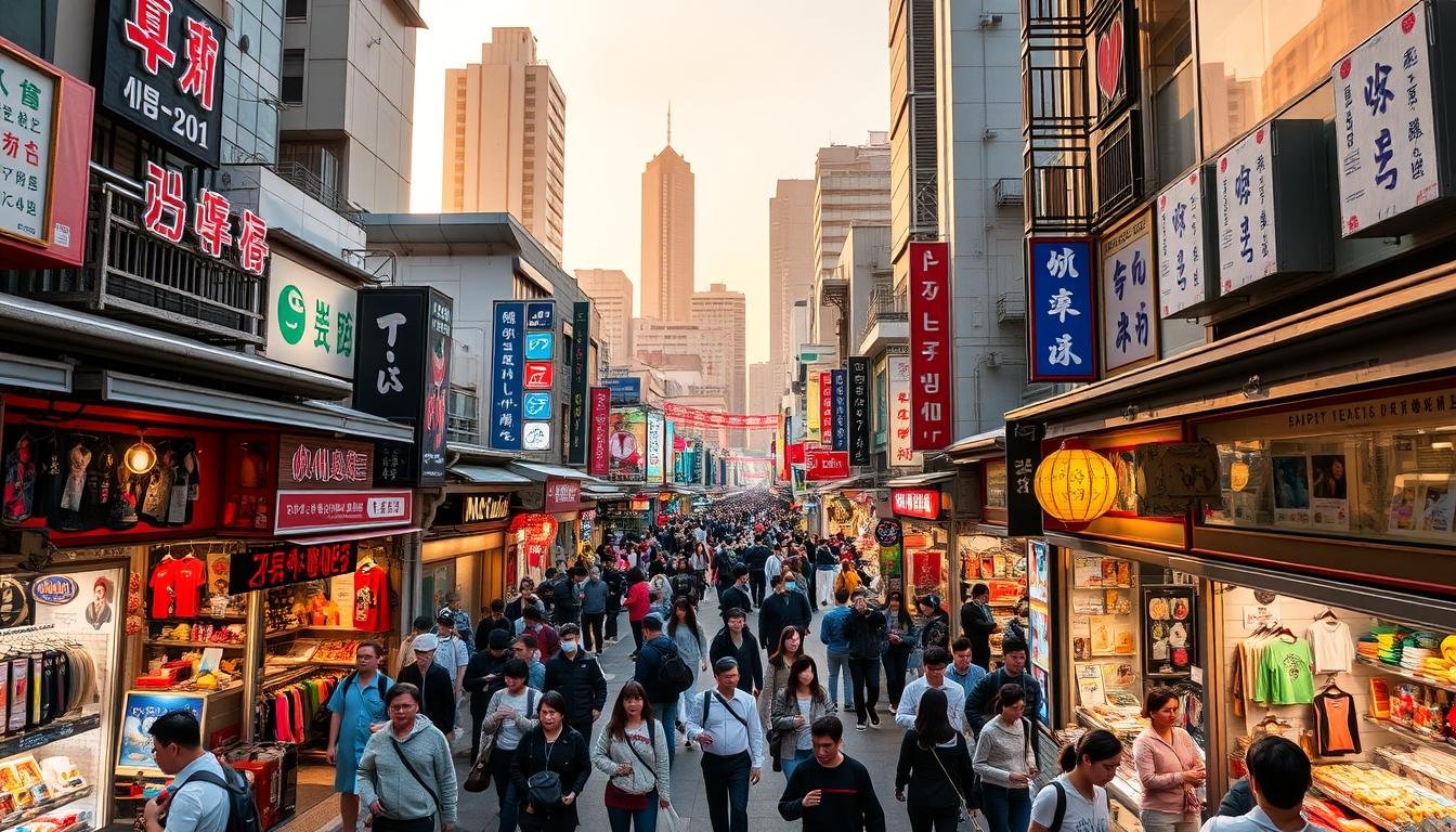 A bustling shopping district in Seoul, South Korea, filled with vibrant storefronts, neon signs, and crowds of eager shoppers. In the foreground, a wide array of goods are displayed - traditional Korean crafts, high-fashion apparel, and cutting-edge electronics. The middle ground features throngs of people navigating the bustling streets, carrying bags and browsing the diverse selection of shops. In the background, towering skyscrapers and modern architecture create a dynamic urban landscape, bathed in warm, golden lighting that casts a inviting glow over the entire scene. The overall atmosphere conveys the energy and excitement of a premier shopping destination, where the latest trends and timeless cultural treasures can be discovered. A bustling shopping district in Seoul, South Korea, filled with vibrant storefronts, neon signs, and crowds of eager shoppers. In the foreground, a wide array of goods are displayed - traditional Korean crafts, high-fashion apparel, and cutting-edge electronics. The middle ground features throngs of people navigating the bustling streets, carrying bags and browsing the diverse selection of shops. In the background, towering skyscrapers and modern architecture create a dynamic urban landscape, bathed in warm, golden lighting that casts a inviting glow over the entire scene. The overall atmosphere conveys the energy and excitement of a premier shopping destination, where the latest trends and timeless cultural treasures can be discovered.