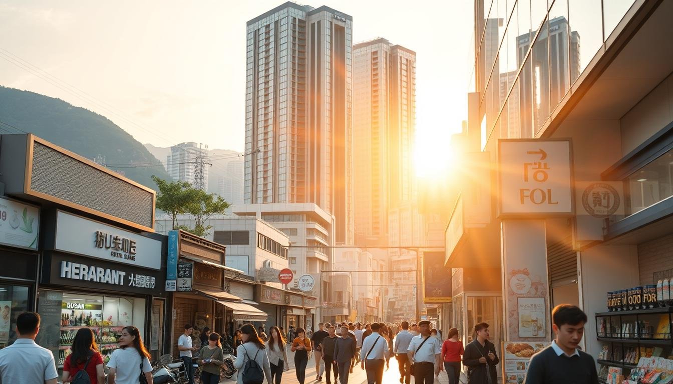 A bustling shopping street in Busan, South Korea, illuminated by warm sunlight. In the foreground, pedestrians navigate the vibrant marketplace, examining local wares and cosmetic products. The middle ground features a mix of traditional storefronts and modern retail outlets, with window displays showcasing the latest beauty trends. In the background, towering skyscrapers and lush mountains create a picturesque backdrop, conveying a sense of urban energy and scenic splendor. The overall scene radiates an atmosphere of practical shopping guidance, inviting the viewer to explore Busan's thriving cosmetic retail landscape with confidence and safety. A bustling shopping street in Busan, South Korea, illuminated by warm sunlight. In the foreground, pedestrians navigate the vibrant marketplace, examining local wares and cosmetic products. The middle ground features a mix of traditional storefronts and modern retail outlets, with window displays showcasing the latest beauty trends. In the background, towering skyscrapers and lush mountains create a picturesque backdrop, conveying a sense of urban energy and scenic splendor. The overall scene radiates an atmosphere of practical shopping guidance, inviting the viewer to explore Busan's thriving cosmetic retail landscape with confidence and safety.