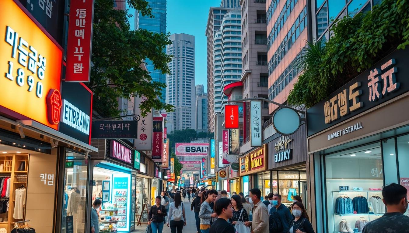 A bustling shopping street in Busan, South Korea, showcasing a diverse range of affordable and high-end brands. In the foreground, vibrant storefront displays entice passersby with the latest fashion and lifestyle products. The middle ground features a mix of local boutiques and international label flagships, their neon-lit signs and decorative facades reflecting the energetic atmosphere. In the background, towering skyscrapers and lush greenery create a dynamic cityscape, complementing the consumer-driven experience. The scene is illuminated by a combination of warm, natural daylight and the glow of store illuminations, capturing the harmonious blend of trendy, accessible, and premium shopping options that define Busan's retail landscape. A bustling shopping street in Busan, South Korea, showcasing a diverse range of affordable and high-end brands. In the foreground, vibrant storefront displays entice passersby with the latest fashion and lifestyle products. The middle ground features a mix of local boutiques and international label flagships, their neon-lit signs and decorative facades reflecting the energetic atmosphere. In the background, towering skyscrapers and lush greenery create a dynamic cityscape, complementing the consumer-driven experience. The scene is illuminated by a combination of warm, natural daylight and the glow of store illuminations, capturing the harmonious blend of trendy, accessible, and premium shopping options that define Busan's retail landscape.