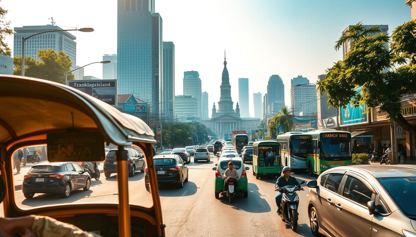 A bustling street in Bangkok, Thailand, bathed in warm afternoon sunlight. In the foreground, a tuk-tuk weaves through the traffic, its vibrant colors and intricate details captured in sharp focus. The middle ground features a mix of local buses, taxis, and motorbikes navigating the congested roads, creating a sense of dynamic movement. In the background, towering skyscrapers and iconic landmarks, such as the Grand Palace, rise up against a hazy, azure sky. The scene conveys the energy and organized chaos of Thailand's urban transportation, showcasing the varied options available for navigating the city.