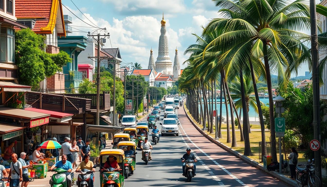 A bustling street in Bangkok, Thailand, with vibrant markets, food stalls, and colorful buildings lining the sidewalks. In the distance, the iconic Wat Arun temple towers over the city, its intricate spires glistening in the warm tropical sun. Mopeds and tuk-tuks weave through the congested traffic, while tourists and locals alike navigate the lively atmosphere. Further south, the tranquil beaches of Pattaya come into view, with azure waters lapping at the golden sands and towering palm trees swaying in the gentle breeze. A scenic coastal road leads to the popular resort town, where high-end hotels, vibrant nightlife, and endless opportunities for water sports and relaxation await the traveler. A bustling street in Bangkok, Thailand, with vibrant markets, food stalls, and colorful buildings lining the sidewalks. In the distance, the iconic Wat Arun temple towers over the city, its intricate spires glistening in the warm tropical sun. Mopeds and tuk-tuks weave through the congested traffic, while tourists and locals alike navigate the lively atmosphere. Further south, the tranquil beaches of Pattaya come into view, with azure waters lapping at the golden sands and towering palm trees swaying in the gentle breeze. A scenic coastal road leads to the popular resort town, where high-end hotels, vibrant nightlife, and endless opportunities for water sports and relaxation await the traveler.