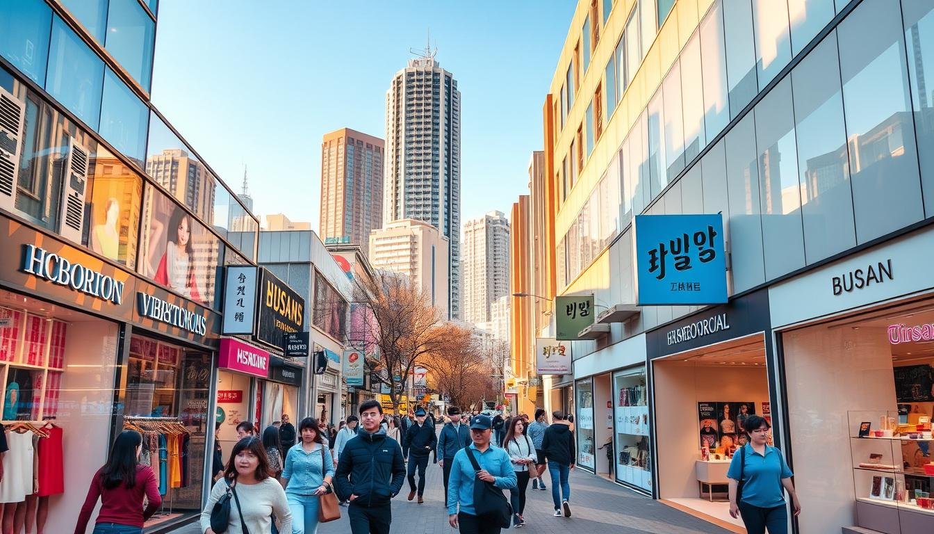 A bustling street in Busan, South Korea, lined with vibrant fashion boutiques, trendy cosmetic stores, and stylish window displays. The scene is bathed in warm, golden light, creating a cozy, inviting atmosphere. In the foreground, people casually stroll past, immersed in the thrill of shopping and discovering the latest fashion and beauty trends. The middle ground features sleek, modern storefronts with minimalist designs, showcasing the city's sophisticated aesthetic. In the background, the towering skyscrapers of Busan's skyline rise, providing a dynamic urban backdrop to this lively shopping district. The overall composition conveys a sense of youthful energy, trendiness, and the city's burgeoning status as a fashion and beauty hub.