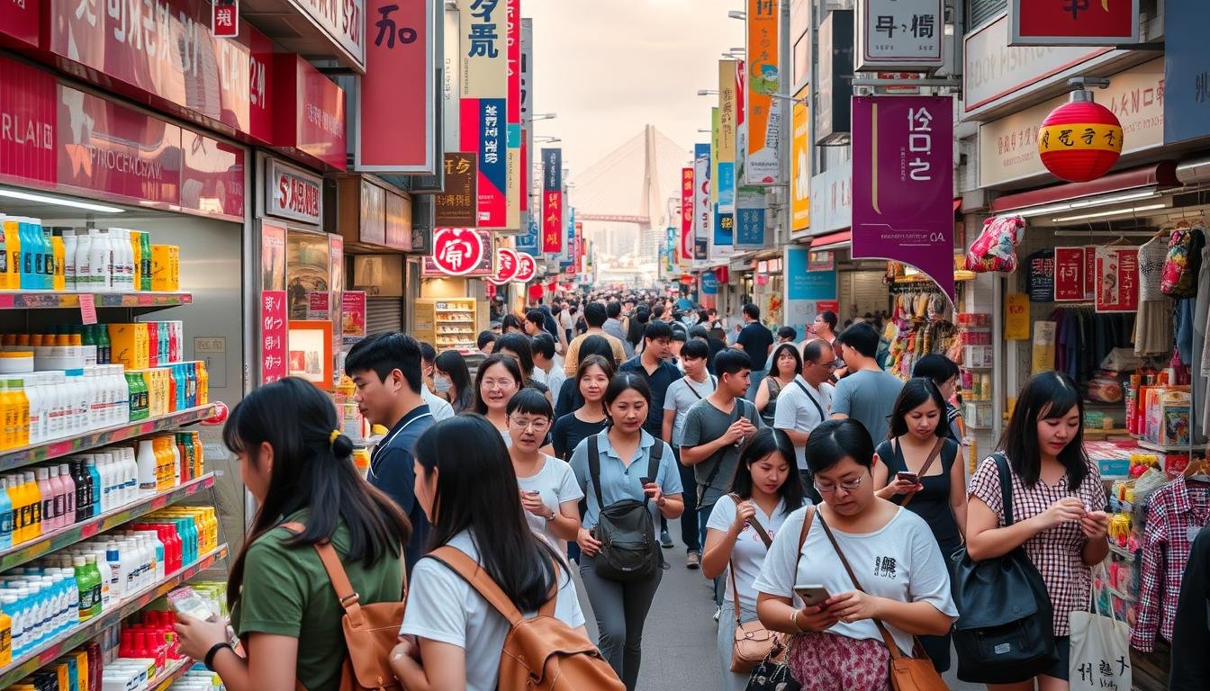 A bustling street in Busan, South Korea, lined with vibrant storefronts and bustling shoppers. In the foreground, a group of tourists peruse the selection of skincare products, carefully examining the colorful packaging and comparing prices. The middle ground features a mix of local shoppers and tourists, navigating the crowded sidewalks and haggling with vendors over the latest fashion trends and traditional Korean crafts. In the background, the iconic Busan skyline rises, with the iconic Gwangan Bridge visible in the distance, casting a warm glow over the lively scene. The atmosphere is one of excitement and discovery, as visitors immerse themselves in the vibrant shopping culture of this coastal city. A bustling street in Busan, South Korea, lined with vibrant storefronts and bustling shoppers. In the foreground, a group of tourists peruse the selection of skincare products, carefully examining the colorful packaging and comparing prices. The middle ground features a mix of local shoppers and tourists, navigating the crowded sidewalks and haggling with vendors over the latest fashion trends and traditional Korean crafts. In the background, the iconic Busan skyline rises, with the iconic Gwangan Bridge visible in the distance, casting a warm glow over the lively scene. The atmosphere is one of excitement and discovery, as visitors immerse themselves in the vibrant shopping culture of this coastal city.