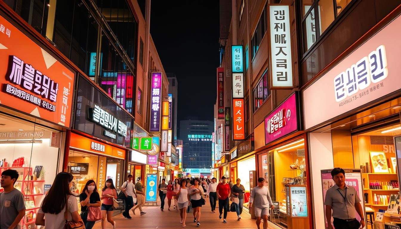 A bustling street in Busan, South Korea, lined with vibrant storefronts and neon signs showcasing the city's renowned cosmetic and beauty shops. Shoppers meander through the lively scene, drawn to the array of high-end Korean beauty products, cutting-edge skincare, and chic makeup displays. Warm, golden lighting bathes the scene, creating a welcoming and inviting atmosphere. The street is framed by modern, glass-fronted buildings and the occasional traditional Korean architecture, reflecting Busan's blend of old and new. The composition captures the energy and excitement of this popular cosmetic shopping hub, enticing the viewer to explore and discover the latest beauty trends and must-have products.