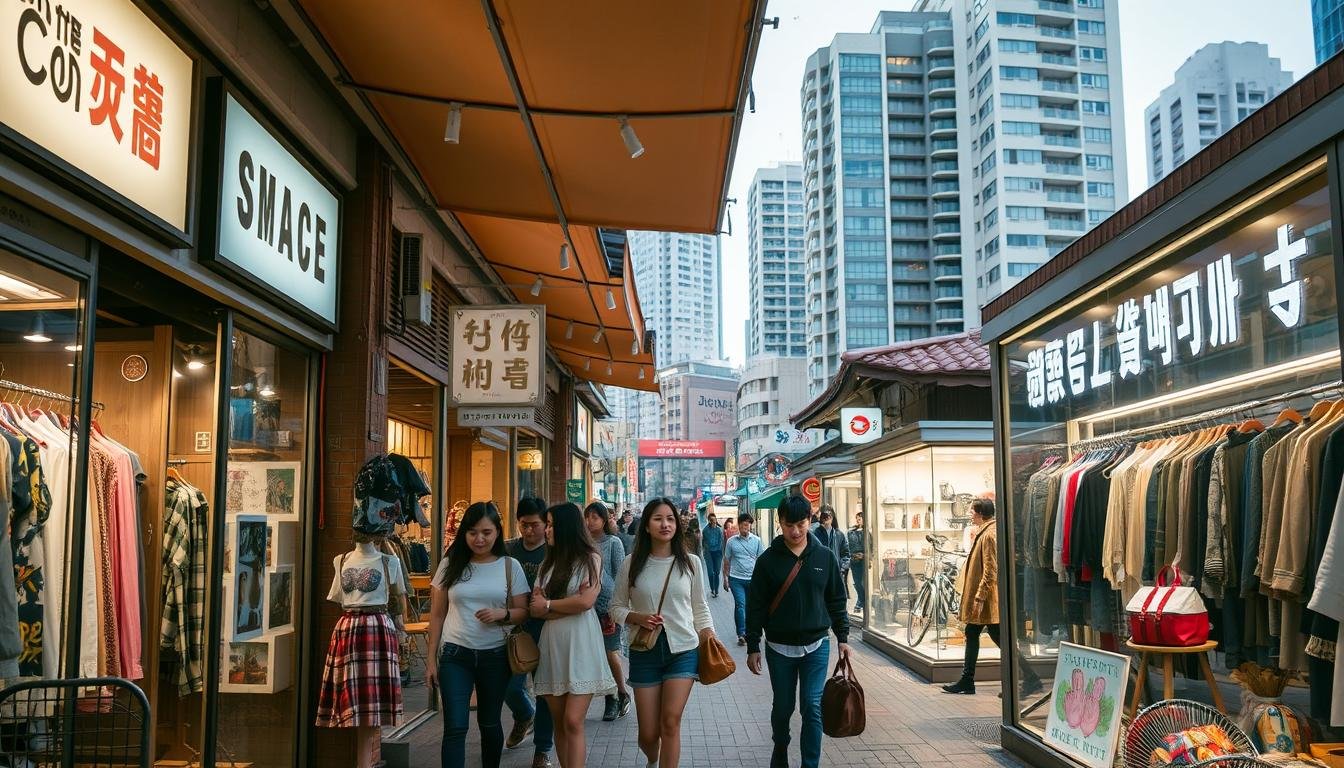 A bustling street in Busan's design and creative hub, lined with quaint storefronts showcasing an eclectic mix of vintage fashion, artisanal crafts, and cutting-edge designer labels. Ambient lighting filters through the overhead canopies, casting a warm glow on the vibrant displays and pedestrians strolling leisurely. In the middle ground, a group of young trendsetters browse the latest offerings from local indie brands, while further down the street, a vintage shop's window display beckons with a curated collection of retro apparel and accessories. The background features a blend of modern high-rises and traditional Korean architecture, creating a harmonious fusion of old and new. An air of creativity and discovery permeates the scene, inviting visitors to immerse themselves in Busan's dynamic design and cultural landscape.