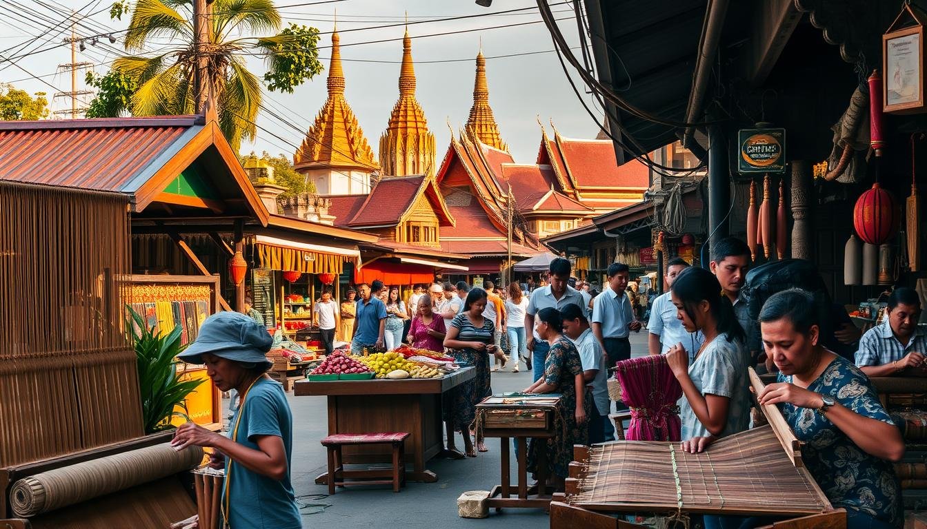 A bustling street in Chiang Mai, Thailand, showcasing the vibrant local culture. In the foreground, artisans skillfully craft intricate woven textiles and wooden carvings, their hands moving with practiced precision. The middle ground features a lively outdoor market, where vendors sell fragrant spices, colorful produce, and handmade crafts. In the background, ornate Buddhist temples and traditional architecture create a serene and historic backdrop, bathed in warm, golden light. The scene captures the essence of Chiang Mai's rich cultural heritage, inviting the viewer to immerse themselves in the sights, sounds, and traditions of this enchanting Northern Thai city.