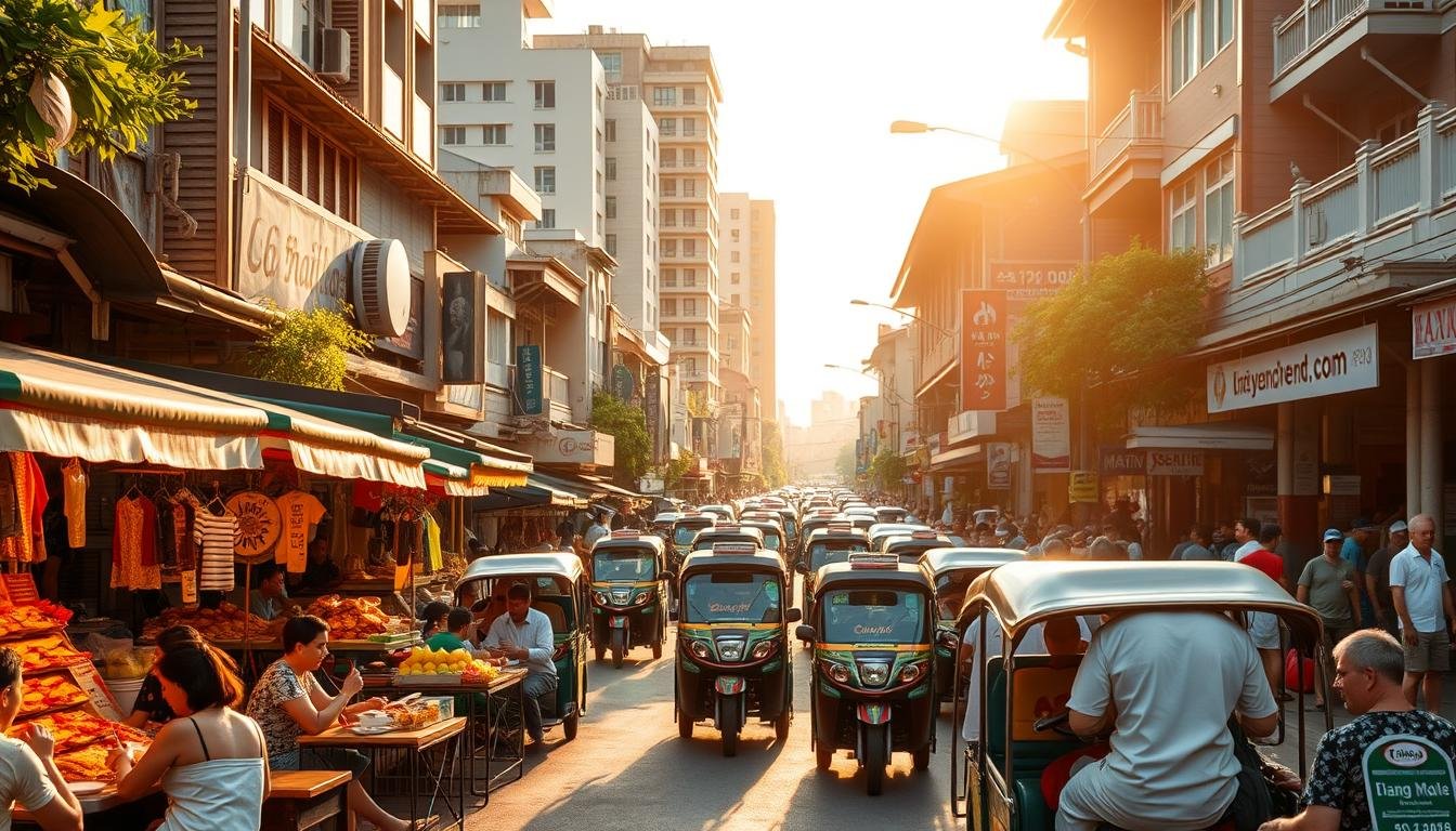 A bustling street in Chiang Mai, Thailand, with vibrant food stalls and tuk-tuks weaving through the crowd. In the foreground, vendors offer an array of local delicacies, their aromas wafting through the air. Diners sit at small tables, savoring the flavors of the region. In the middle ground, traditional tuk-tuks ferry passengers, their colorful designs adding to the lively atmosphere. The background is dominated by a mix of modern and historic buildings, reflecting the city's blend of old and new. Warm, golden sunlight casts a welcoming glow over the scene, highlighting the energy and vitality of Chiang Mai's food and transportation culture.