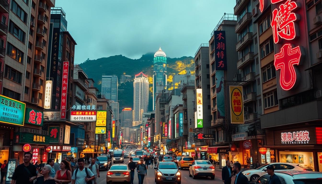 A bustling street in Hong Kong, its towering skyscrapers and neon signs illuminating the night sky. The camera pans across the vibrant scene, capturing the energy and excitement of this iconic city. In the foreground, pedestrians and vehicles navigate the crowded streets, their movements creating a dynamic, cinematic atmosphere. The middle ground features the characteristic architecture of Hong Kong, with its blend of modern and traditional styles. In the background, the iconic Victoria Harbour and the lush green hills that surround the city create a stunning backdrop, bathed in warm, golden lighting that casts a magical glow over the entire scene. This is a cinematic, immersive view of Hong Kong, a perfect representation of the city's rich film heritage and the many iconic locations that have graced the silver screen. A bustling street in Hong Kong, its towering skyscrapers and neon signs illuminating the night sky. The camera pans across the vibrant scene, capturing the energy and excitement of this iconic city. In the foreground, pedestrians and vehicles navigate the crowded streets, their movements creating a dynamic, cinematic atmosphere. The middle ground features the characteristic architecture of Hong Kong, with its blend of modern and traditional styles. In the background, the iconic Victoria Harbour and the lush green hills that surround the city create a stunning backdrop, bathed in warm, golden lighting that casts a magical glow over the entire scene. This is a cinematic, immersive view of Hong Kong, a perfect representation of the city's rich film heritage and the many iconic locations that have graced the silver screen.