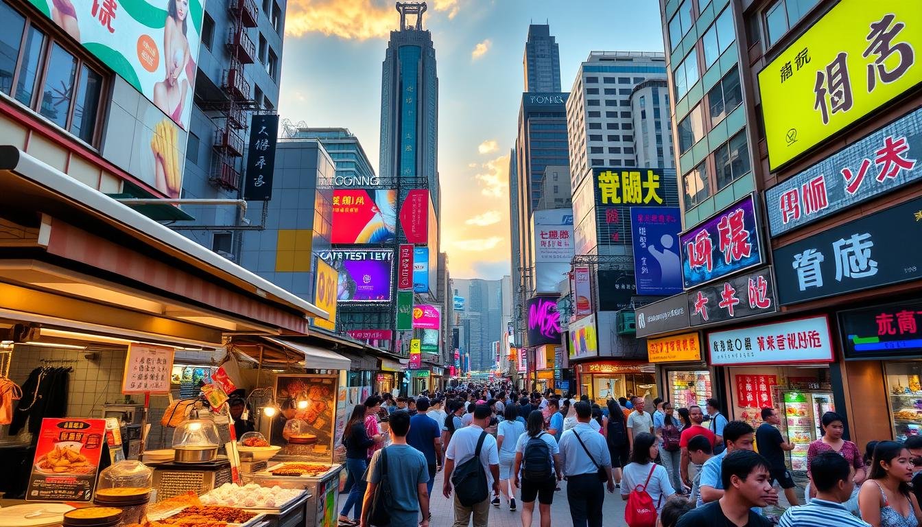 A bustling street in Hong Kong's vibrant Causeway Bay, filled with a colorful array of street food stalls, neon-lit shops, and crowds of locals and tourists alike. The foreground features a variety of traditional Cantonese delicacies, from steaming dim sum baskets to freshly grilled skewers, while in the middle ground, a mix of high-end fashion boutiques, electronics stores, and lively markets sell an eclectic range of goods. The background is dominated by the iconic skyscrapers and billboards that define Hong Kong's skyline, bathed in a warm, golden glow from the setting sun. The scene conveys the energy, diversity, and sensory overload that encapsulates the essence of Hong Kong's vibrant food and shopping experiences.