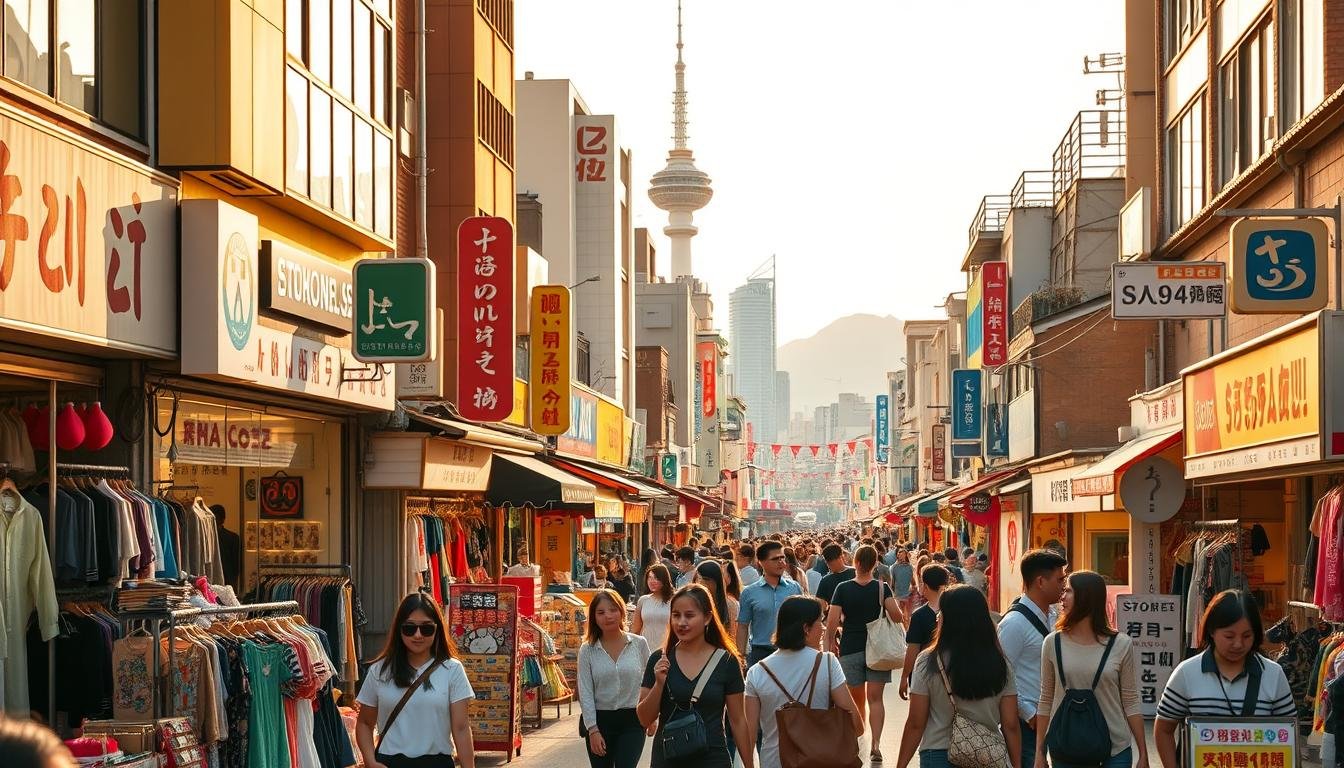 A bustling street in Seoul's vibrant shopping district, with a wide variety of retail stores, boutiques, and street vendors lining the sidewalks. The scene is bathed in warm, golden sunlight, creating a welcoming and inviting atmosphere. In the foreground, groups of shoppers browse through colorful displays of clothing, accessories, and souvenirs. The middle ground features a mix of modern high-rise buildings and traditional Korean architecture, while the background showcases the iconic Seoul cityscape, with the Namsan Tower visible in the distance. The overall composition captures the energy, diversity, and allure of Seoul's premier shopping destinations, enticing viewers to explore and discover the best bargains and hidden gems. A bustling street in Seoul's vibrant shopping district, with a wide variety of retail stores, boutiques, and street vendors lining the sidewalks. The scene is bathed in warm, golden sunlight, creating a welcoming and inviting atmosphere. In the foreground, groups of shoppers browse through colorful displays of clothing, accessories, and souvenirs. The middle ground features a mix of modern high-rise buildings and traditional Korean architecture, while the background showcases the iconic Seoul cityscape, with the Namsan Tower visible in the distance. The overall composition captures the energy, diversity, and allure of Seoul's premier shopping destinations, enticing viewers to explore and discover the best bargains and hidden gems.