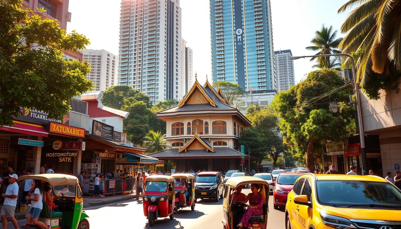 A bustling street in a vibrant Thai city, with tuk-tuks and cars navigating the lively traffic. In the foreground, pedestrians stroll past vibrant storefronts and open-air markets, showcasing the diverse range of accommodation and transportation options available. The middle ground features a hotel or guesthouse, its facade adorned with traditional Thai architectural details. The background is dominated by towering skyscrapers and lush, tropical foliage, creating a blend of modern and historic elements. The scene is illuminated by warm, golden sunlight, casting a welcoming glow over the entire setting. The overall atmosphere conveys the excitement and dynamism of exploring Thailand's transportation and accommodation landscape. A bustling street in a vibrant Thai city, with tuk-tuks and cars navigating the lively traffic. In the foreground, pedestrians stroll past vibrant storefronts and open-air markets, showcasing the diverse range of accommodation and transportation options available. The middle ground features a hotel or guesthouse, its facade adorned with traditional Thai architectural details. The background is dominated by towering skyscrapers and lush, tropical foliage, creating a blend of modern and historic elements. The scene is illuminated by warm, golden sunlight, casting a welcoming glow over the entire setting. The overall atmosphere conveys the excitement and dynamism of exploring Thailand's transportation and accommodation landscape.