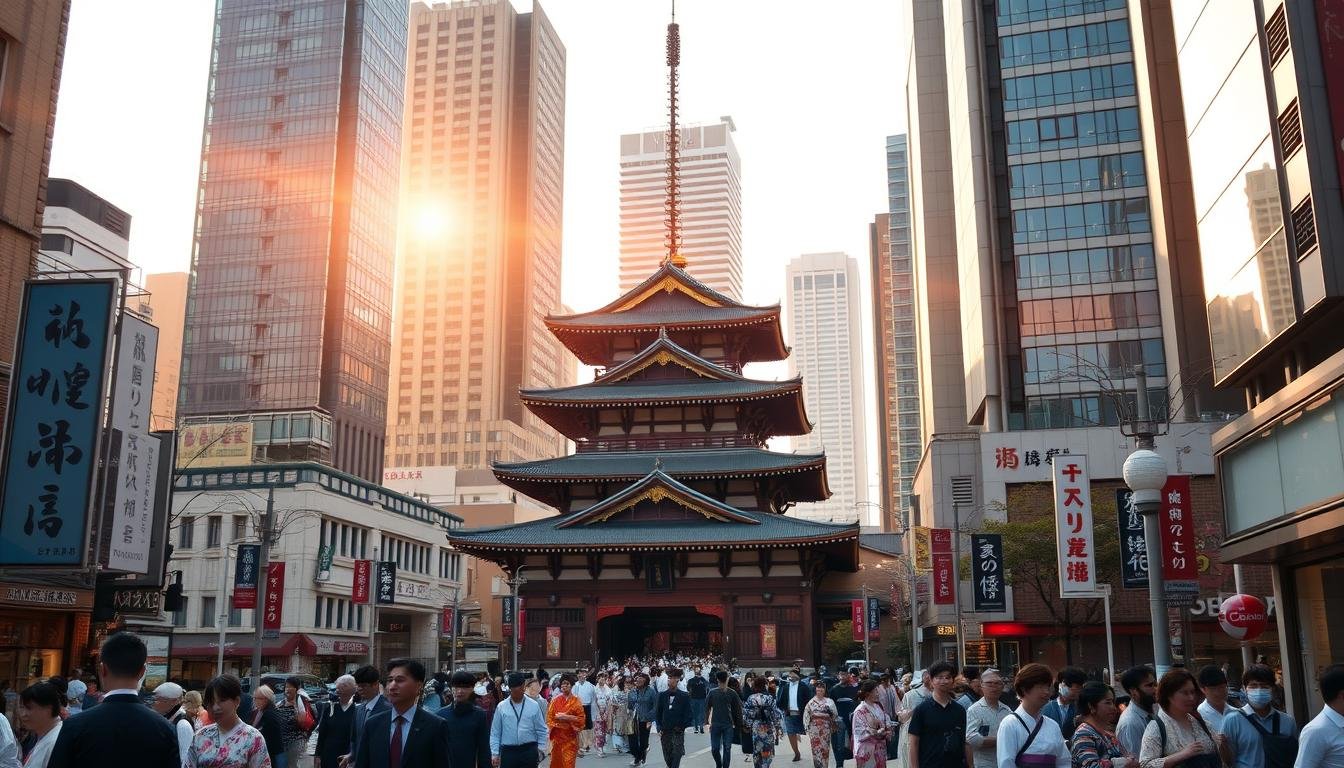 A bustling street in central Tokyo, framed by towering skyscrapers and traditional Japanese architecture. In the foreground, pedestrians navigate the lively sidewalks, blending modern fashion with timeless kimonos. The mid-ground showcases a historic temple, its ornate pagoda roof contrasting against the sleek, glass-clad high-rises. Warm, golden light filters through the scene, casting a soft, nostalgic glow over the entire landscape. A harmony of old and new, this image captures the essence of Tokyo - a city where the past and present coexist in a captivating, dynamic balance.