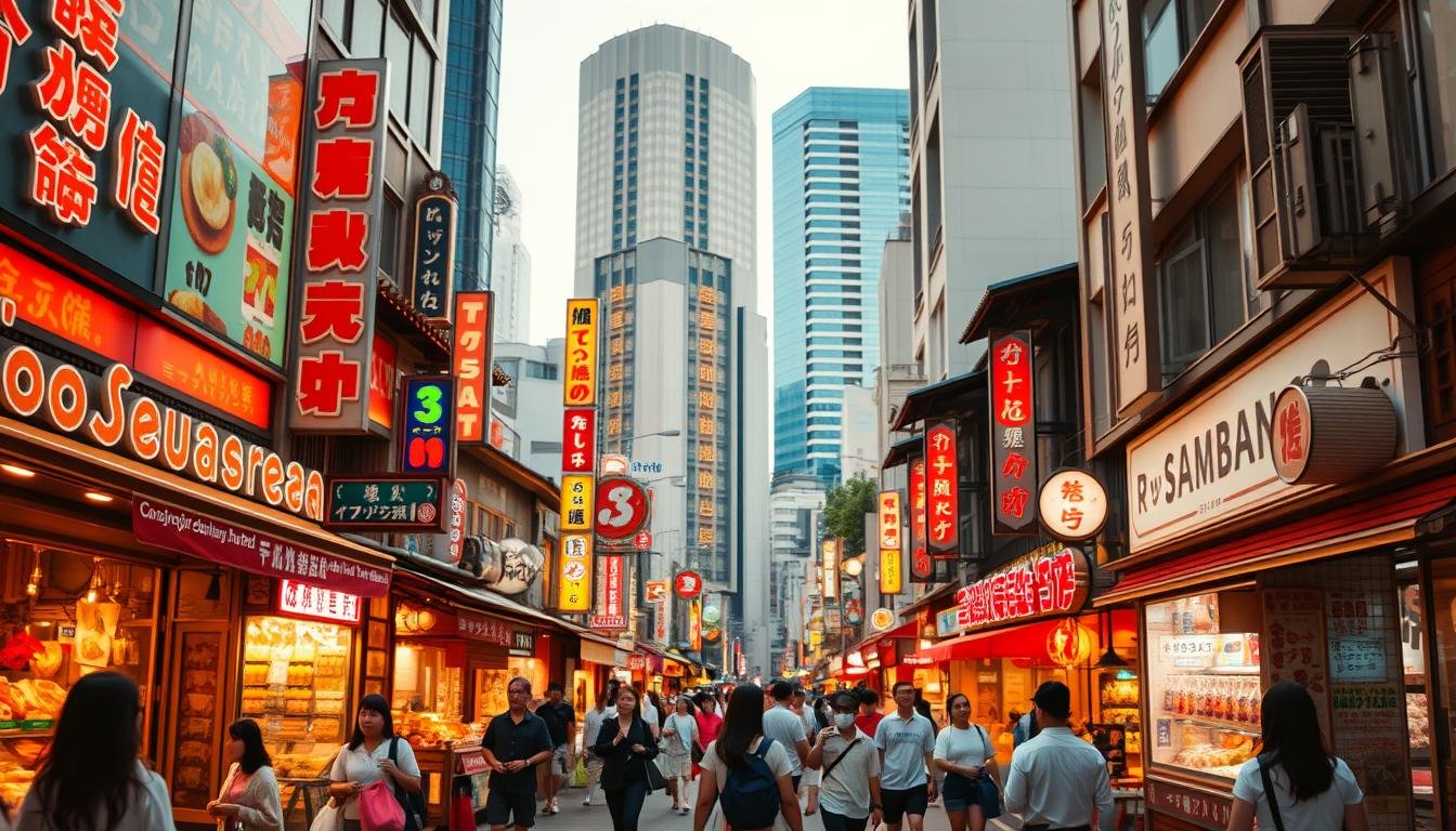 A bustling street in downtown Osaka, Japan, with vibrant neon signs and vibrant storefronts showcasing an array of delectable cuisine, local snacks, and unique Japanese gifts. In the foreground, pedestrians wander the sidewalks, carrying shopping bags and savoring street food. The middle ground features a blend of traditional architecture and modern high-rises, creating a captivating juxtaposition. Warm, golden lighting illuminates the scene, casting a cozy, inviting atmosphere. The background is slightly blurred, emphasizing the focal points of the image - the food, shopping, and the lively energy of the city. The overall composition captures the essence of Osaka's thriving dining and shopping experiences, perfectly encapsulating the "飲食、購物與伴手禮預算規劃" section of the article.