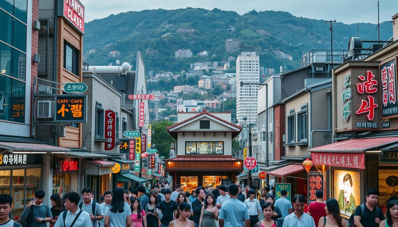 A bustling street in the Itaewon district of Seoul, South Korea, with a charming mix of modern and traditional architecture. Vibrant storefronts, neon signs, and an energetic crowd of locals and tourists populate the foreground, capturing the essence of the Itaewon Class drama's iconic setting. In the middle ground, a well-known landmark from the show, such as a café or boutique, stands out, its distinctive façade inviting viewers to step into the world of the series. The background features the hilly, winding streets of Itaewon, with glimpses of the neighboring districts and the Seoul skyline in the distance, creating a sense of place and setting the scene for the drama's events. A bustling street in the Itaewon district of Seoul, South Korea, with a charming mix of modern and traditional architecture. Vibrant storefronts, neon signs, and an energetic crowd of locals and tourists populate the foreground, capturing the essence of the Itaewon Class drama's iconic setting. In the middle ground, a well-known landmark from the show, such as a café or boutique, stands out, its distinctive façade inviting viewers to step into the world of the series. The background features the hilly, winding streets of Itaewon, with glimpses of the neighboring districts and the Seoul skyline in the distance, creating a sense of place and setting the scene for the drama's events.