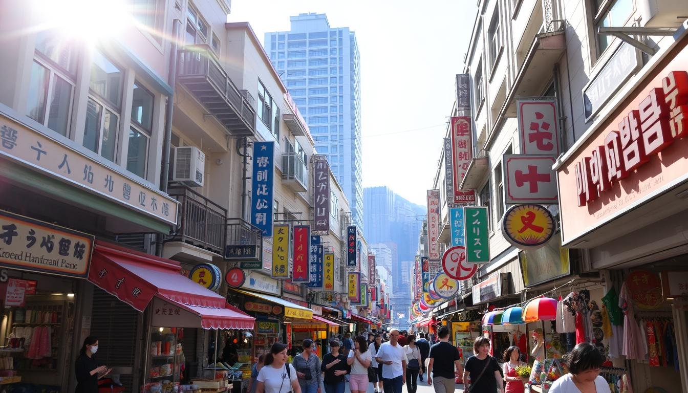 A bustling street in the heart of Busan, South Korea, lined with vibrant storefronts and lively foot traffic. Colorful awnings and signage beckon shoppers to explore a diverse array of local specialty shops, from traditional Korean handicrafts to trendy fashion boutiques. Sunlight filters through the buildings, casting a warm glow over the scene. In the middle ground, pedestrians weave between vendors offering handcrafted goods and street food. In the background, the distinctive architecture of Busan's historic buildings provides a picturesque backdrop. The atmosphere is lively and inviting, capturing the essence of Busan's dynamic shopping culture.