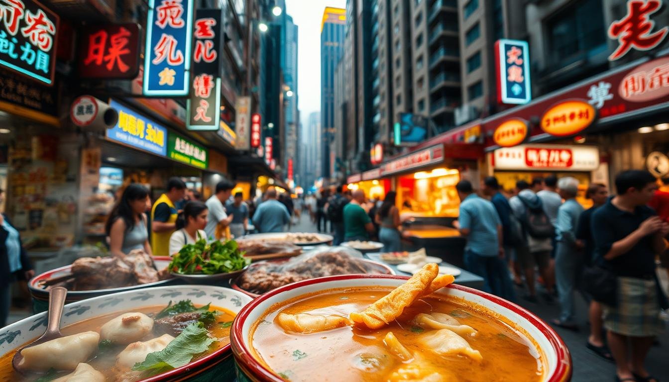 A bustling street in the heart of Hong Kong, lined with vibrant neon signs and crowded with people enjoying the city's iconic dishes. In the foreground, a steaming bowl of fragrant wonton soup, garnished with fresh greens and served with crispy fried wontons. Behind it, a selection of Cantonese barbecue meats, glistening with caramelized sauces, and a plate of delicate dim sum dumplings. In the middle ground, a lively open-air food stall, its sizzling wok filled with the aroma of freshly made fried noodles. The background is framed by the towering skyscrapers of Hong Kong's financial district, casting a warm, golden glow over the scene. The overall atmosphere is one of vibrant energy, celebrating the rich culinary heritage and bustling street life of this iconic Asian metropolis.