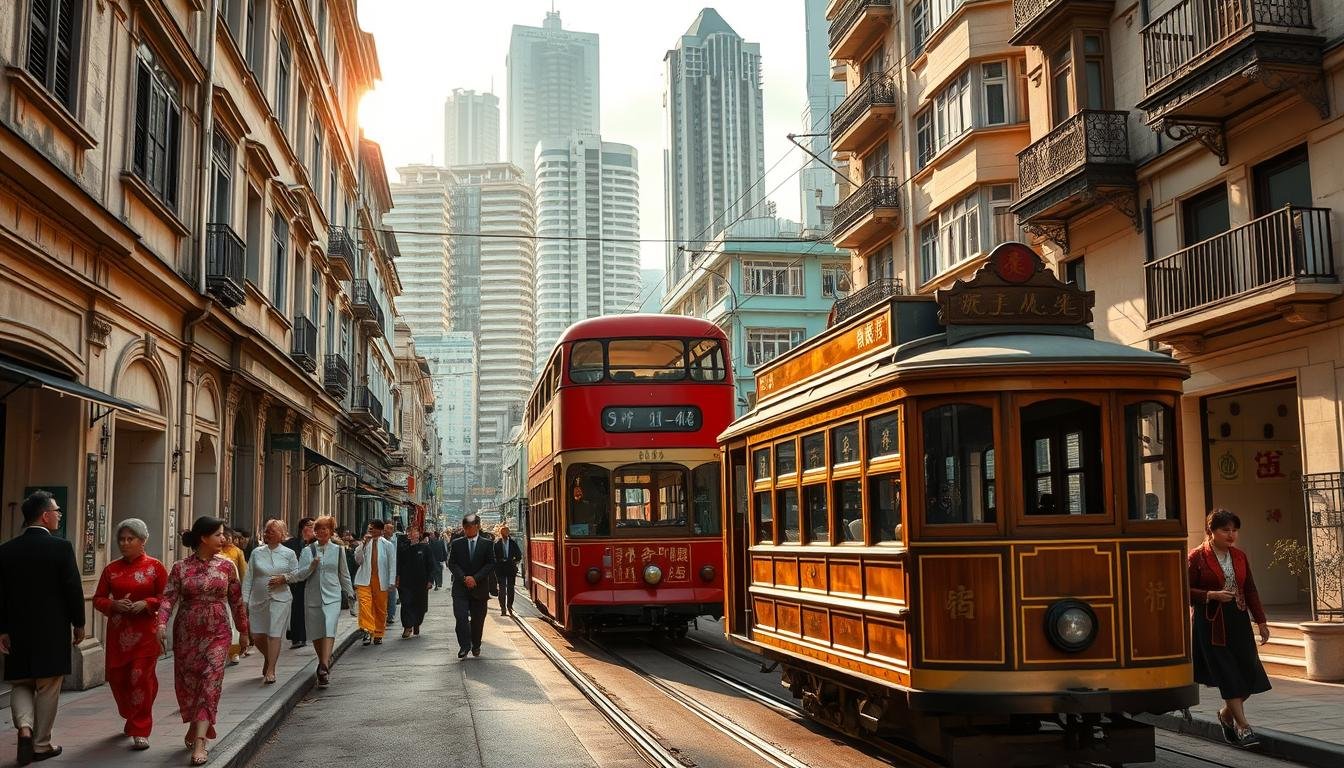 A bustling street in the heart of Hong Kong, lined with vintage trams and double-decker buses from a bygone era. The sun casts a warm, golden glow, illuminating the weathered facades of the surrounding colonial-era buildings. Pedestrians in traditional Chinese attire stroll along the sidewalks, creating a captivating blend of old and new. In the foreground, a meticulously detailed tram car glides effortlessly, its polished brass fittings and wooden panels a testament to the ingenuity of its design. The middle ground showcases a vintage double-decker bus, its iconic silhouette a symbol of Hong Kong's rich transportation history. In the background, the towering skyscrapers of the modern city skyline provide a striking contrast, underscoring the timeless charm of these historic modes of transit. A bustling street in the heart of Hong Kong, lined with vintage trams and double-decker buses from a bygone era. The sun casts a warm, golden glow, illuminating the weathered facades of the surrounding colonial-era buildings. Pedestrians in traditional Chinese attire stroll along the sidewalks, creating a captivating blend of old and new. In the foreground, a meticulously detailed tram car glides effortlessly, its polished brass fittings and wooden panels a testament to the ingenuity of its design. The middle ground showcases a vintage double-decker bus, its iconic silhouette a symbol of Hong Kong's rich transportation history. In the background, the towering skyscrapers of the modern city skyline provide a striking contrast, underscoring the timeless charm of these historic modes of transit.