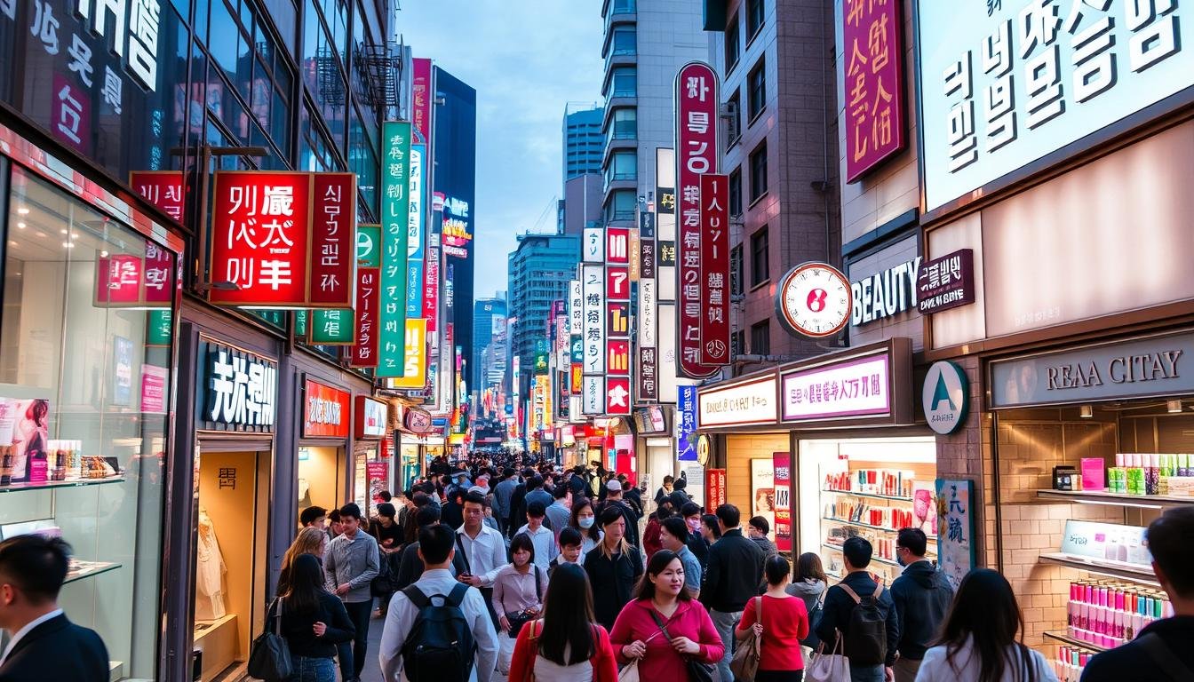 A bustling street in the heart of Myeongdong, Seoul, filled with a vibrant array of beauty shops, cosmetic stores, and lively crowds. Neon signs and bright facades create a dynamic, futuristic atmosphere, complemented by the gleam of modern architecture and the bustle of pedestrians navigating the walkways. Elegant window displays showcase the latest Korean makeup and skincare products, inviting shoppers to explore and indulge. Warm, diffused lighting casts a flattering glow, highlighting the diverse range of products and creating an inviting, high-end ambiance. The scene captures the energy and excitement of a comprehensive Korean cosmetic shopping experience, perfectly suited to illustrate the "Travel and Shopping Guide" section of the article. A bustling street in the heart of Myeongdong, Seoul, filled with a vibrant array of beauty shops, cosmetic stores, and lively crowds. Neon signs and bright facades create a dynamic, futuristic atmosphere, complemented by the gleam of modern architecture and the bustle of pedestrians navigating the walkways. Elegant window displays showcase the latest Korean makeup and skincare products, inviting shoppers to explore and indulge. Warm, diffused lighting casts a flattering glow, highlighting the diverse range of products and creating an inviting, high-end ambiance. The scene captures the energy and excitement of a comprehensive Korean cosmetic shopping experience, perfectly suited to illustrate the "Travel and Shopping Guide" section of the article.