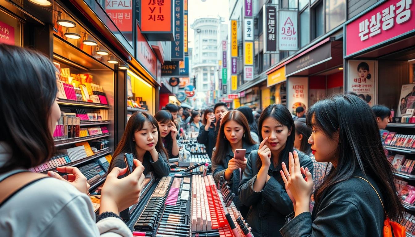 A bustling street in the heart of Seoul's Myeongdong district, showcasing a vibrant makeup workshop. In the foreground, a group of people test and swatch various Korean cosmetic products, their faces illuminated by the warm, natural lighting filtering through the storefront windows. The middle ground features rows of neatly displayed makeup shelves, offering a tantalizing array of vibrant colors and textures. In the background, the iconic architecture of Myeongdong comes into view, creating a sense of place and authenticity. The atmosphere is one of excitement and discovery, capturing the essence of Korea's thriving beauty industry and the enthusiasm of its consumers. A bustling street in the heart of Seoul's Myeongdong district, showcasing a vibrant makeup workshop. In the foreground, a group of people test and swatch various Korean cosmetic products, their faces illuminated by the warm, natural lighting filtering through the storefront windows. The middle ground features rows of neatly displayed makeup shelves, offering a tantalizing array of vibrant colors and textures. In the background, the iconic architecture of Myeongdong comes into view, creating a sense of place and authenticity. The atmosphere is one of excitement and discovery, capturing the essence of Korea's thriving beauty industry and the enthusiasm of its consumers.