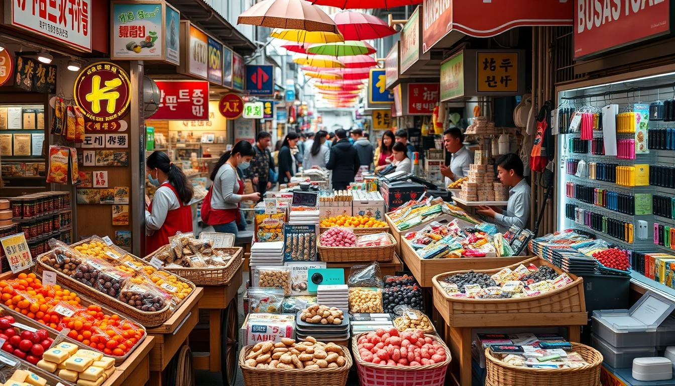 A bustling street market in Busan, South Korea, filled with colorful displays of local snacks and small electronic goods. The foreground showcases an array of traditional Korean candies, cookies, and dried fruits, artfully arranged on wooden carts and bamboo baskets. In the middle ground, customers peruse stalls selling a variety of compact, high-tech gadgets like portable chargers, Bluetooth speakers, and compact cameras. The background depicts a lively atmosphere with neon-lit signage, vibrant umbrellas, and the faint silhouettes of passersby. The scene is illuminated by warm, diffused natural light, creating a cozy, inviting ambiance that captures the essence of Busan's thriving local markets. A bustling street market in Busan, South Korea, filled with colorful displays of local snacks and small electronic goods. The foreground showcases an array of traditional Korean candies, cookies, and dried fruits, artfully arranged on wooden carts and bamboo baskets. In the middle ground, customers peruse stalls selling a variety of compact, high-tech gadgets like portable chargers, Bluetooth speakers, and compact cameras. The background depicts a lively atmosphere with neon-lit signage, vibrant umbrellas, and the faint silhouettes of passersby. The scene is illuminated by warm, diffused natural light, creating a cozy, inviting ambiance that captures the essence of Busan's thriving local markets.