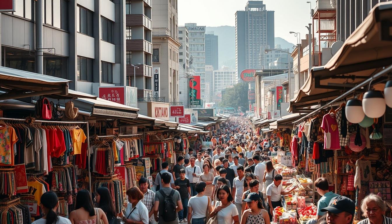 A bustling street market in Busan, South Korea, with vendors selling a diverse array of local goods. In the foreground, stalls display an array of vibrant clothing, traditional crafts, and colorful accessories. The middle ground is filled with crowds of shoppers, immersed in the lively atmosphere, as they browse through the diverse offerings. In the background, the market is framed by a mix of modern and historic architecture, creating a visually striking contrast. The scene is illuminated by a warm, natural light, casting a golden glow over the entire setting. The overall mood is one of energy, cultural richness, and the unique charm of Busan's thriving shopping experience. A bustling street market in Busan, South Korea, with vendors selling a diverse array of local goods. In the foreground, stalls display an array of vibrant clothing, traditional crafts, and colorful accessories. The middle ground is filled with crowds of shoppers, immersed in the lively atmosphere, as they browse through the diverse offerings. In the background, the market is framed by a mix of modern and historic architecture, creating a visually striking contrast. The scene is illuminated by a warm, natural light, casting a golden glow over the entire setting. The overall mood is one of energy, cultural richness, and the unique charm of Busan's thriving shopping experience.