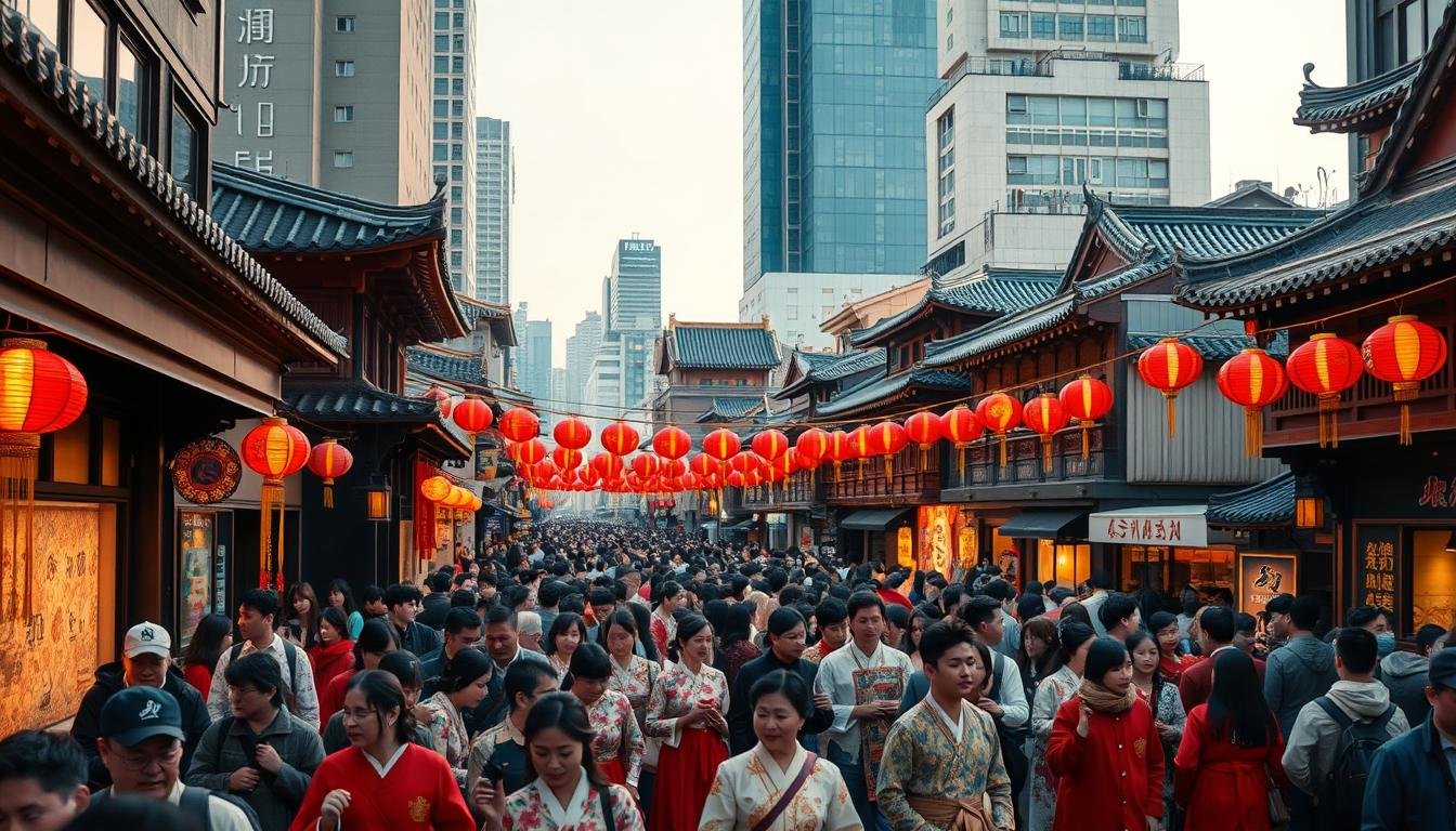 A bustling street scene during Lunar New Year in Seoul, South Korea. The foreground is filled with throngs of people in traditional hanbok garments, carrying lanterns and other festive items. In the middle ground, ornate red and gold decorations adorn the facades of shops and restaurants, creating a vibrant and celebratory atmosphere. The background features the iconic architecture of the city, with skyscrapers and traditional hanok houses blending together. Warm, golden lighting casts a soft glow over the entire scene, reflecting the joyous spirit of the holiday. The image captures the unique cultural elements and energy of Lunar New Year celebrations in Korea. A bustling street scene during Lunar New Year in Seoul, South Korea. The foreground is filled with throngs of people in traditional hanbok garments, carrying lanterns and other festive items. In the middle ground, ornate red and gold decorations adorn the facades of shops and restaurants, creating a vibrant and celebratory atmosphere. The background features the iconic architecture of the city, with skyscrapers and traditional hanok houses blending together. Warm, golden lighting casts a soft glow over the entire scene, reflecting the joyous spirit of the holiday. The image captures the unique cultural elements and energy of Lunar New Year celebrations in Korea.