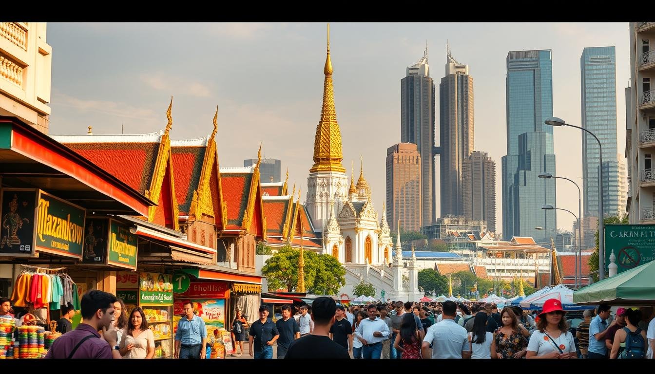 A bustling street scene in Bangkok, Thailand, showcasing the city's vibrant culture and renowned landmarks. In the foreground, pedestrians stroll along the lively sidewalks, passing by colorful vendor stalls and local shops. The middle ground features the iconic Wat Phra Kaew, the stunning Temple of the Emerald Buddha, its ornate spires and intricate details illuminated by the warm, golden afternoon light. In the background, the majestic, towering skyscrapers of modern Bangkok rise, creating a striking contrast between the ancient and the contemporary. The scene is captured with a wide-angle lens, immersing the viewer in the dynamic energy of this bustling Thai metropolis. A bustling street scene in Bangkok, Thailand, showcasing the city's vibrant culture and renowned landmarks. In the foreground, pedestrians stroll along the lively sidewalks, passing by colorful vendor stalls and local shops. The middle ground features the iconic Wat Phra Kaew, the stunning Temple of the Emerald Buddha, its ornate spires and intricate details illuminated by the warm, golden afternoon light. In the background, the majestic, towering skyscrapers of modern Bangkok rise, creating a striking contrast between the ancient and the contemporary. The scene is captured with a wide-angle lens, immersing the viewer in the dynamic energy of this bustling Thai metropolis.
