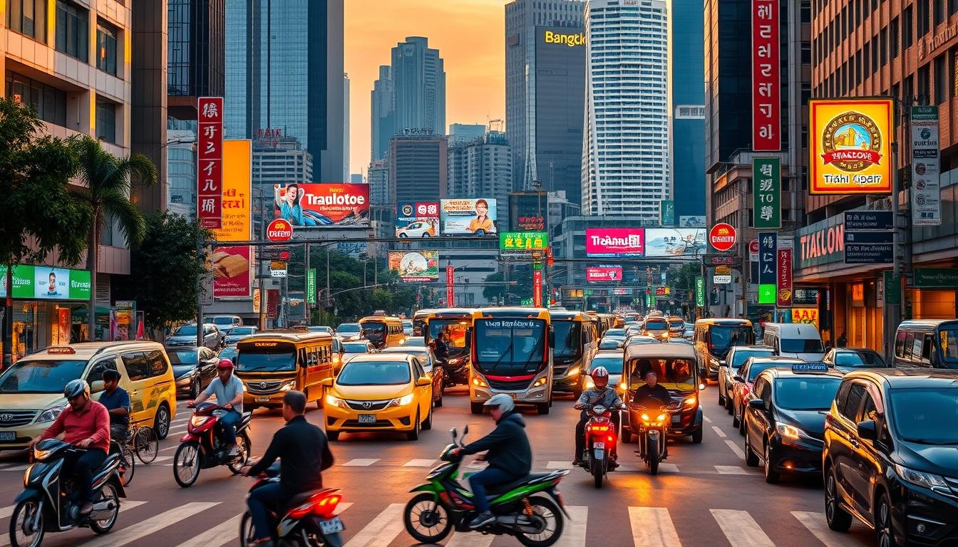 A bustling street scene in Bangkok, Thailand with traffic navigating through a maze of motorbikes, tuk-tuks, and cars. The foreground features a group of pedestrians carefully crossing the road, mindful of the flow of vehicles. In the middle ground, a colorful array of public transportation options - buses, taxis, and the iconic Thai tuktuk - converge at an intersection, creating a vibrant tapestry of movement. The background showcases the towering skyscrapers and vibrant signage that define the city's skyline, bathed in warm, golden lighting that evokes a sense of energy and liveliness. The overall composition conveys the need for safety awareness and cost-saving strategies when traversing Bangkok's dynamic transportation network.