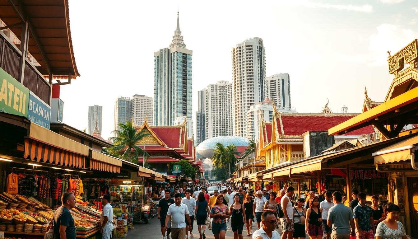 A bustling street scene in Bangkok's Pattaya district, capturing the vibrant energy of this renowned Thai tourism hub. In the foreground, colorful vendor stalls offer an array of local delicacies and handicrafts, inviting passersby to explore. The middle ground features lively pedestrian traffic, with people of diverse cultures mingling and enjoying the lively atmosphere. In the background, towering hotels and modern high-rises create a striking contrast against the traditional Thai architecture. Warm, golden lighting illuminates the scene, evoking a sense of tropical charm and hospitality. The overall composition conveys the unique blend of old and new that characterizes the Pattaya experience.