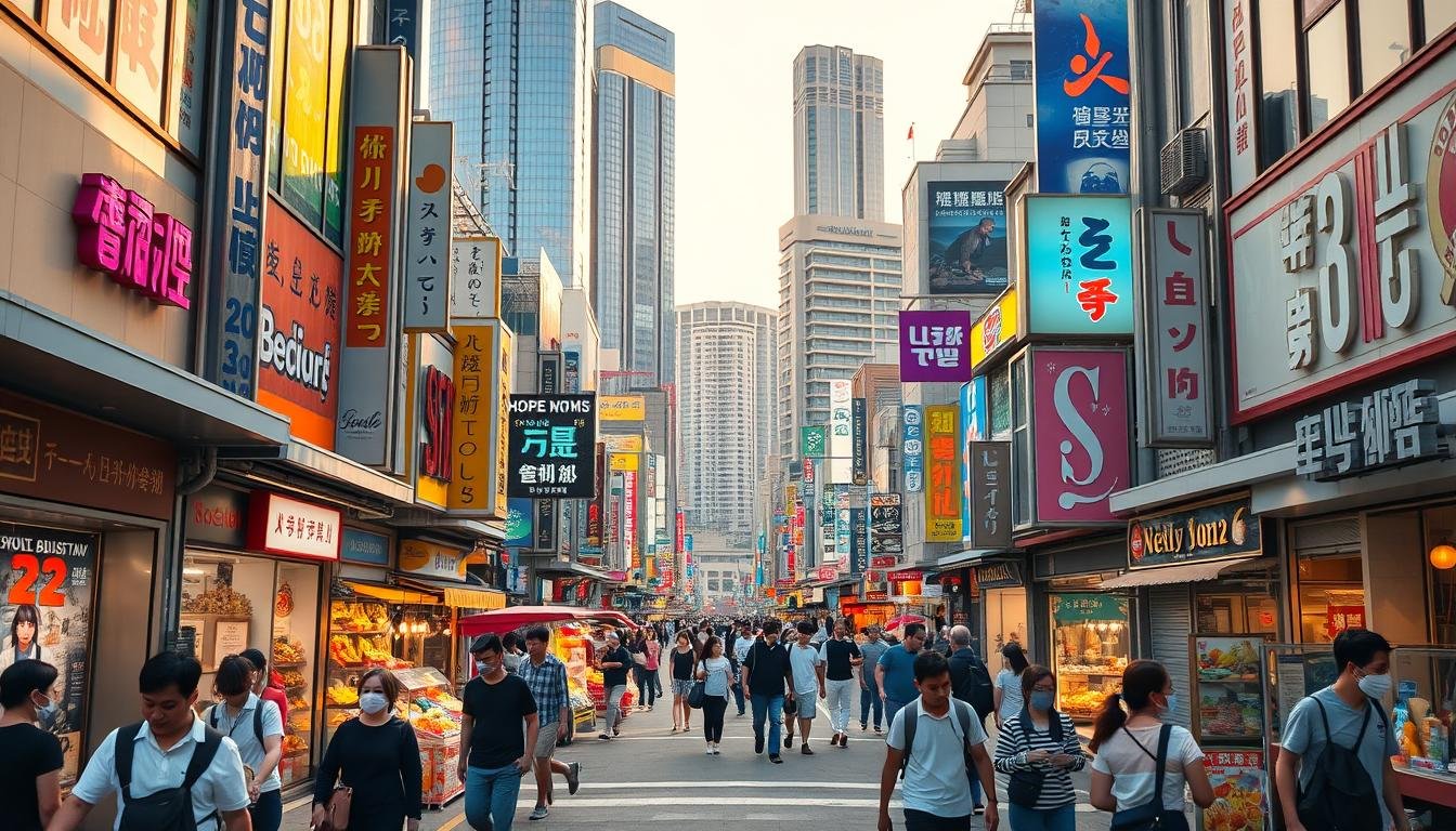 A bustling street scene in Busan's Seomyeon shopping district, showcasing the vibrant energy of this popular retail hub. In the foreground, shoppers stroll past an array of colorful storefronts, their facades adorned with eye-catching signage and displays. Vendors line the sidewalks, offering an enticing array of goods and delicacies. The middle ground reveals a mix of high-end boutiques, trendy cafes, and lively street performers, creating a captivating atmosphere of urban leisure and discovery. In the background, towering skyscrapers and neon-lit billboards frame the scene, evoking a dynamic, metropolitan vibe. Warm, golden lighting bathes the entire setting, lending a welcoming, vibrant ambiance to the bustling Seomyeon shopping experience.