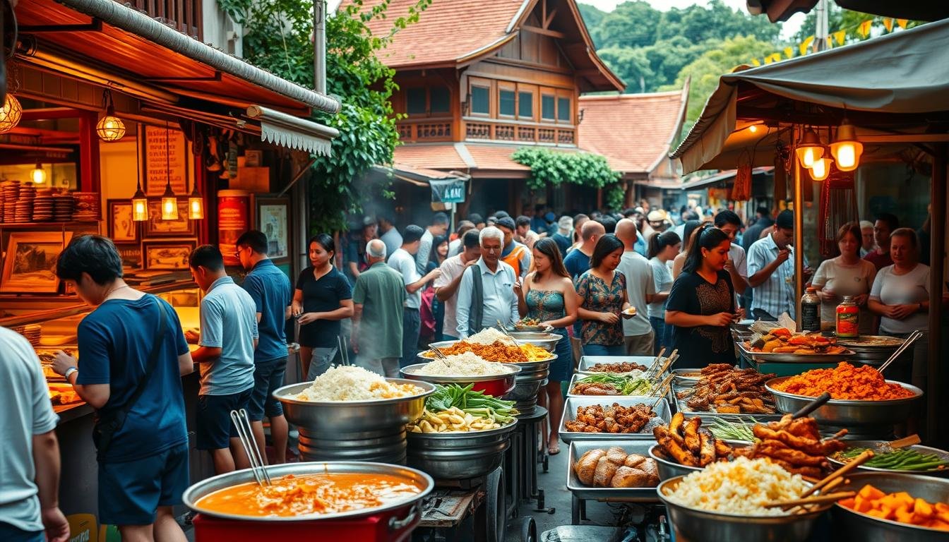 A bustling street scene in Chiang Mai, Thailand, showcasing the vibrant and authentic flavors of Thai cuisine. In the foreground, an array of sizzling street food stalls offer a tantalizing display of spicy curries, fragrant rice dishes, and freshly grilled meats. The middle ground is filled with locals and tourists alike, savoring their meals while immersed in the lively atmosphere. In the background, traditional wooden buildings and lush greenery create a warm, inviting ambiance, capturing the essence of Chiang Mai's rich cultural heritage. The lighting is warm and natural, enhancing the vibrant colors and textures of the food and setting. A wide-angle lens captures the bustling scene, inviting the viewer to step into the heart of this authentic Thai culinary experience. A bustling street scene in Chiang Mai, Thailand, showcasing the vibrant and authentic flavors of Thai cuisine. In the foreground, an array of sizzling street food stalls offer a tantalizing display of spicy curries, fragrant rice dishes, and freshly grilled meats. The middle ground is filled with locals and tourists alike, savoring their meals while immersed in the lively atmosphere. In the background, traditional wooden buildings and lush greenery create a warm, inviting ambiance, capturing the essence of Chiang Mai's rich cultural heritage. The lighting is warm and natural, enhancing the vibrant colors and textures of the food and setting. A wide-angle lens captures the bustling scene, inviting the viewer to step into the heart of this authentic Thai culinary experience.