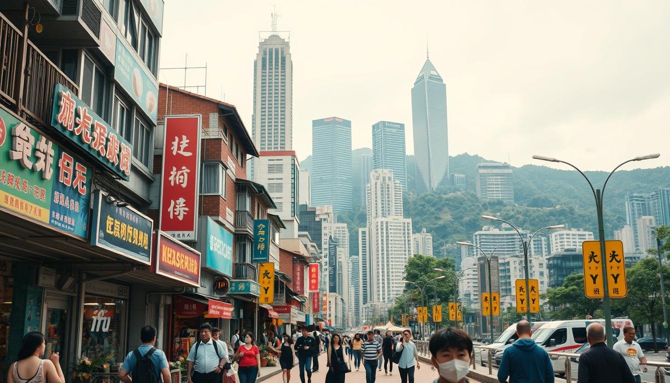 A bustling street scene in Hong Kong, capturing the contrasts of its vibrant tourism and safety concerns. In the foreground, pedestrians stroll past colorful storefronts and vibrant billboards, exuding a sense of liveliness. The mid-ground features a mix of traditional and modern architecture, creating an intriguing visual juxtaposition. In the background, towering skyscrapers and lush green hills loom, suggesting the city's dynamic urban landscape. The lighting is a balance of warm tones from the street lamps and natural daylight, creating a welcoming ambiance. The camera angle is slightly elevated, allowing for a panoramic view that showcases the city's complexities and diverse elements, from tourism to safety considerations.