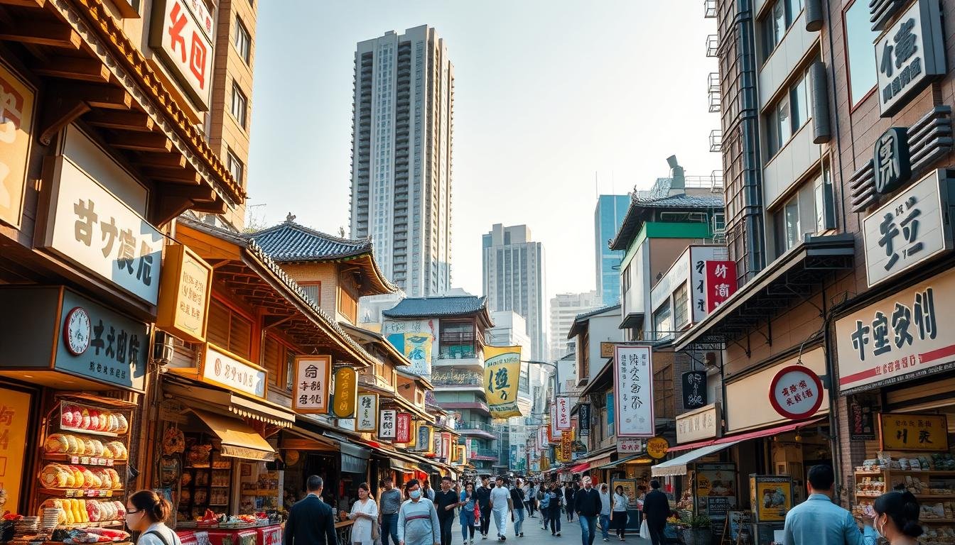 A bustling street scene in Nampo-dong, Busan, showcasing the vibrant shopping district. The foreground features a lively pedestrian street lined with small shops, street vendors, and locals browsing the diverse offerings. In the middle ground, traditional Korean architecture and signage intermingle with modern storefronts, creating a harmonious blend of old and new. The background is dominated by towering high-rise buildings, hinting at the broader urban landscape surrounding this charming commercial hub. Warm, golden sunlight bathes the scene, lending a inviting and atmospheric ambiance. The overall composition captures the energy, diversity, and allure of this must-visit shopping destination in Busan.