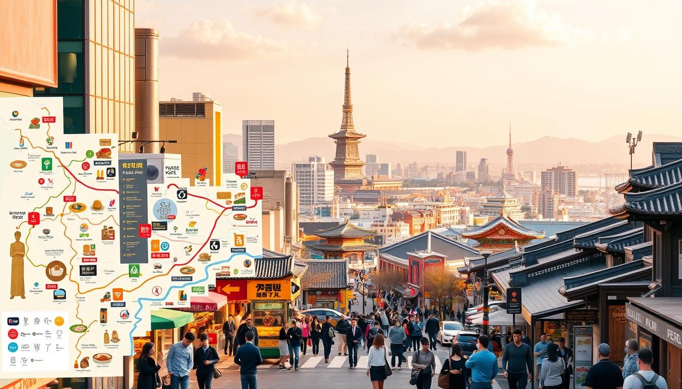 A bustling street scene in Seoul, South Korea, showcasing a comprehensive "food route" map. In the foreground, a detailed overview of the city's diverse culinary districts, with vibrant icons and color-coded paths guiding the viewer through the must-visit restaurants and eateries. The middle ground features a stylized cityscape, with skyscrapers, traditional hanok buildings, and busy pedestrian crossings, all bathed in warm, golden lighting. In the background, a panoramic view of the iconic Seoul skyline, including the distinctive N Seoul Tower and the Han River. The overall mood is one of excitement and anticipation, inviting the viewer to embark on an unforgettable gastronomic journey through the heart of Seoul.